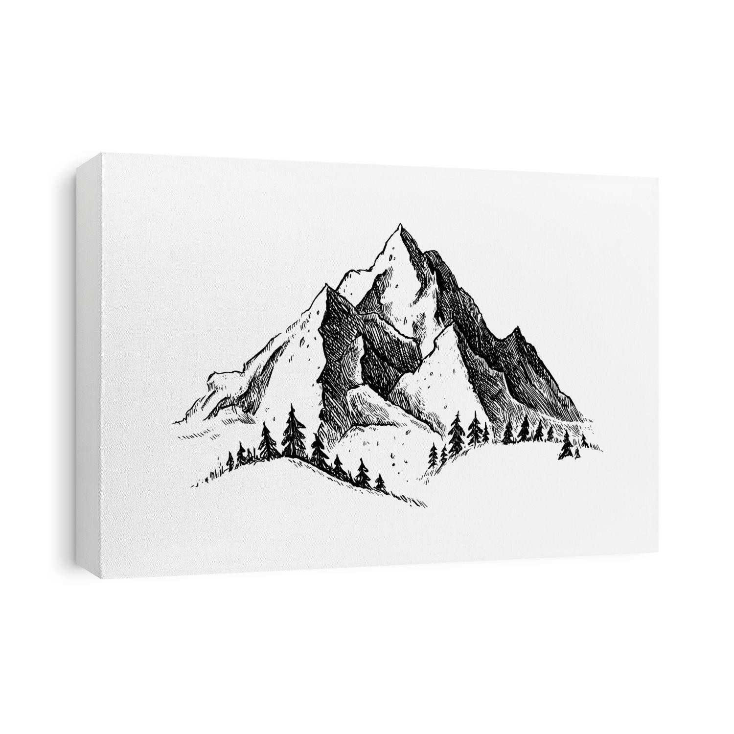 Mountain with pine trees and landscape black on white background. Hand drawn rocky peaks in sketch style. Vector illustration. 