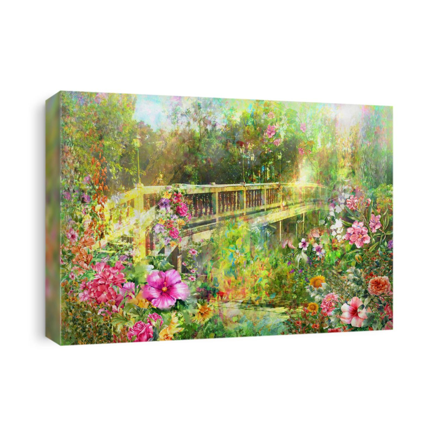 Abstract  Spring multicolored flowers near Canal Bridge watercolor painting