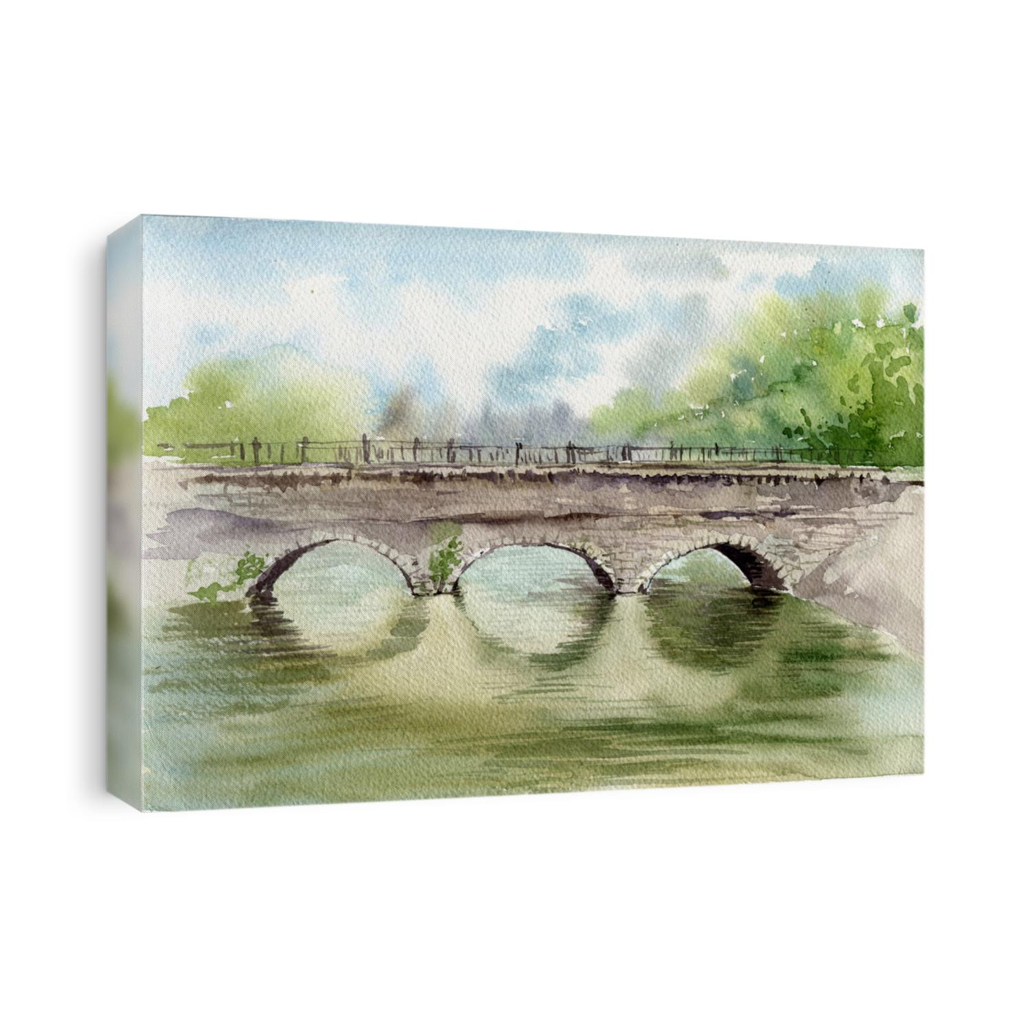 watercolor old stone arch bridge at river is reflected in the calm water with green trees in the background,painting landscape