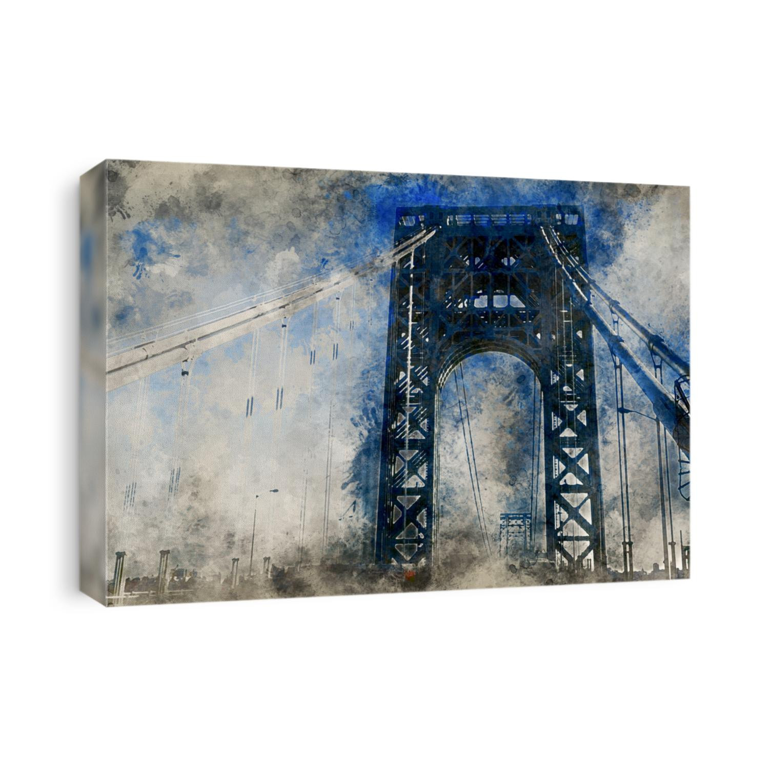 View of George Washington Bridge over Hudson River. Watercolor effect.