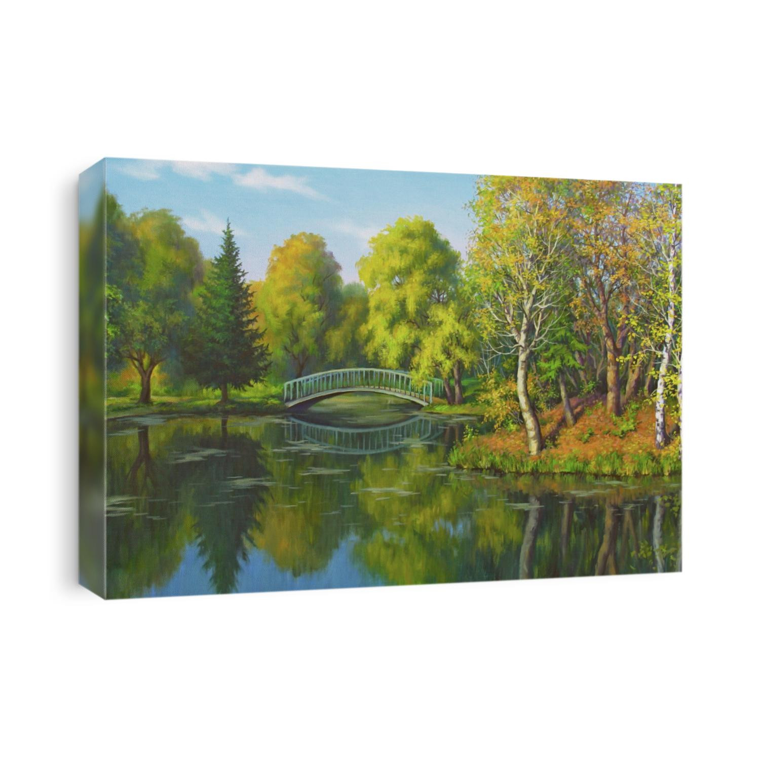 Landscape in a park with a bridge in autumn, oil on canvas