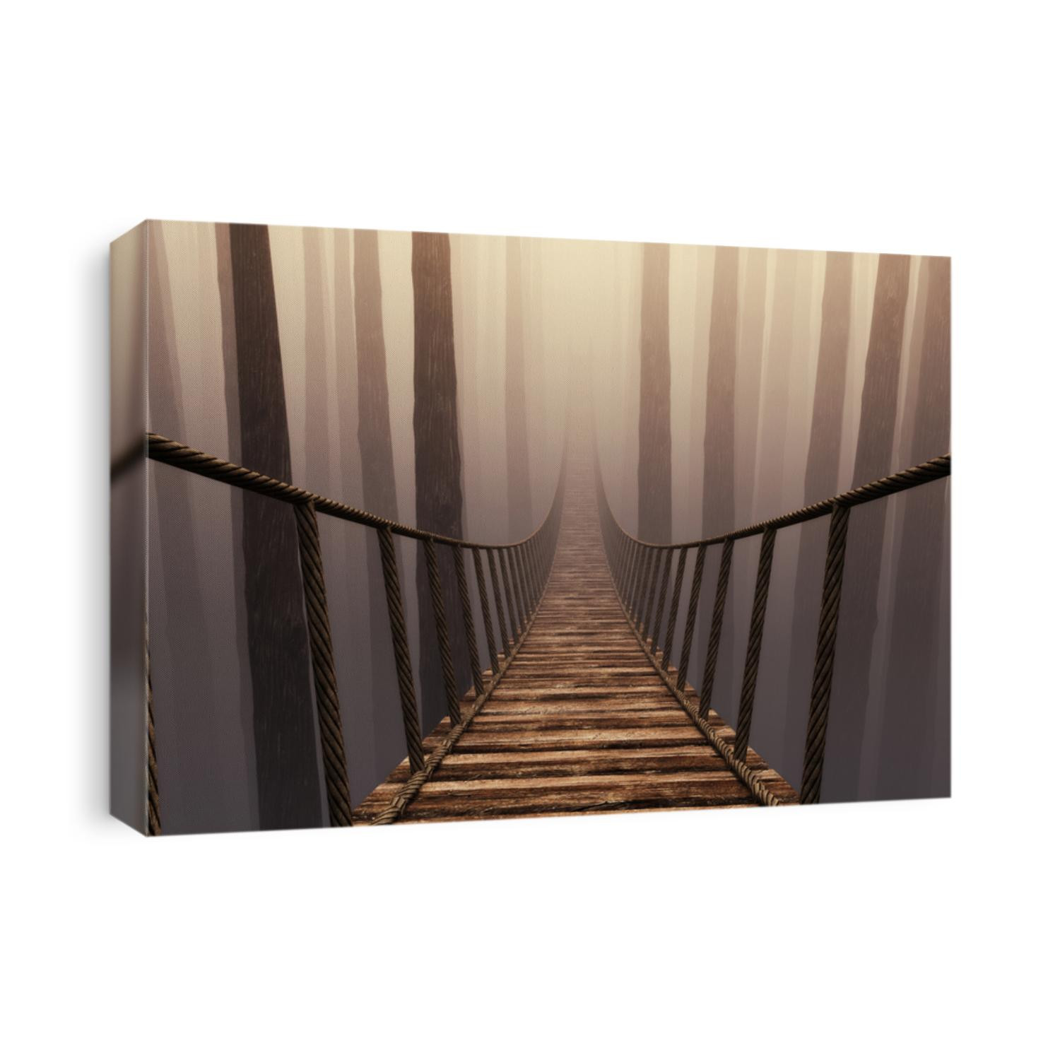 Bridge suspension into the misty forrest . This is a 3d render illustration .