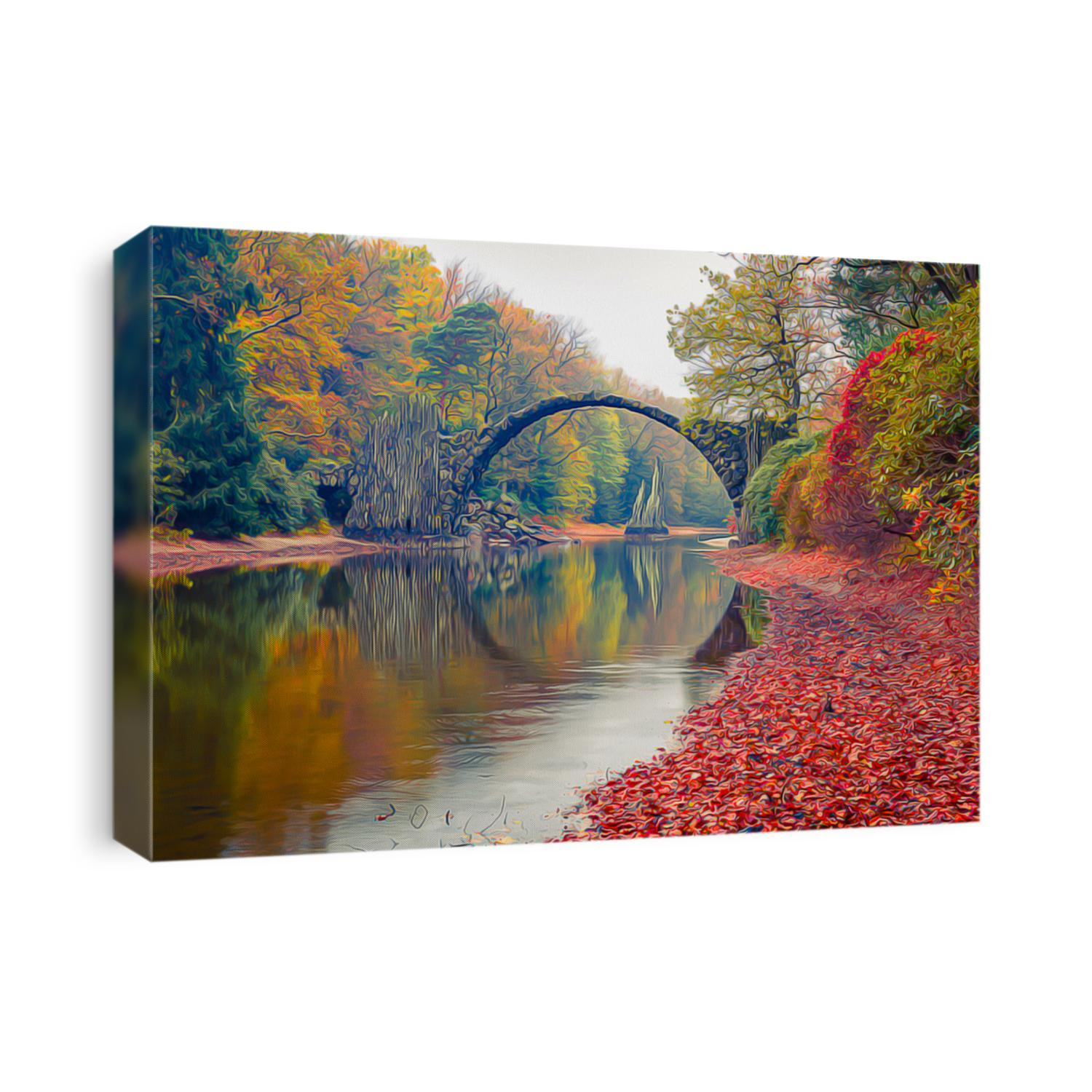 Digital artwork in oil painting style. Abstract landscape wallpaper. Concept Illustration. Realistic cartoon style background. Colorful autumn scene of Rakotz Bridge (Rakotzbrucke, Devil's Bridge).