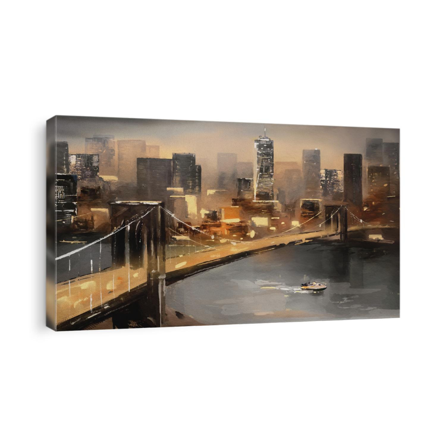 oil painting on canvas - view of New York, river and bridge. modern Artwork - American city, urban illustration 