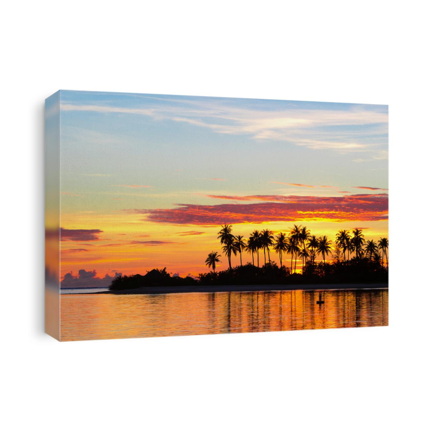 Dark silhouettes of palm trees and amazing cloudy sky on sunset at tropical island in Indian Ocean