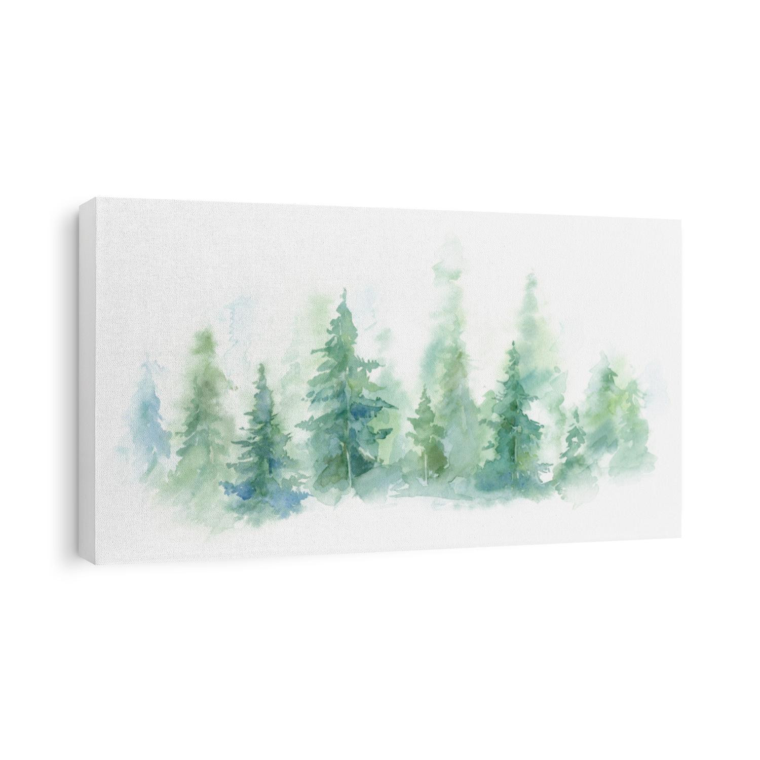 watercolor background drawn landscape of foggy forest Wild nature, frozen, misty, taiga.