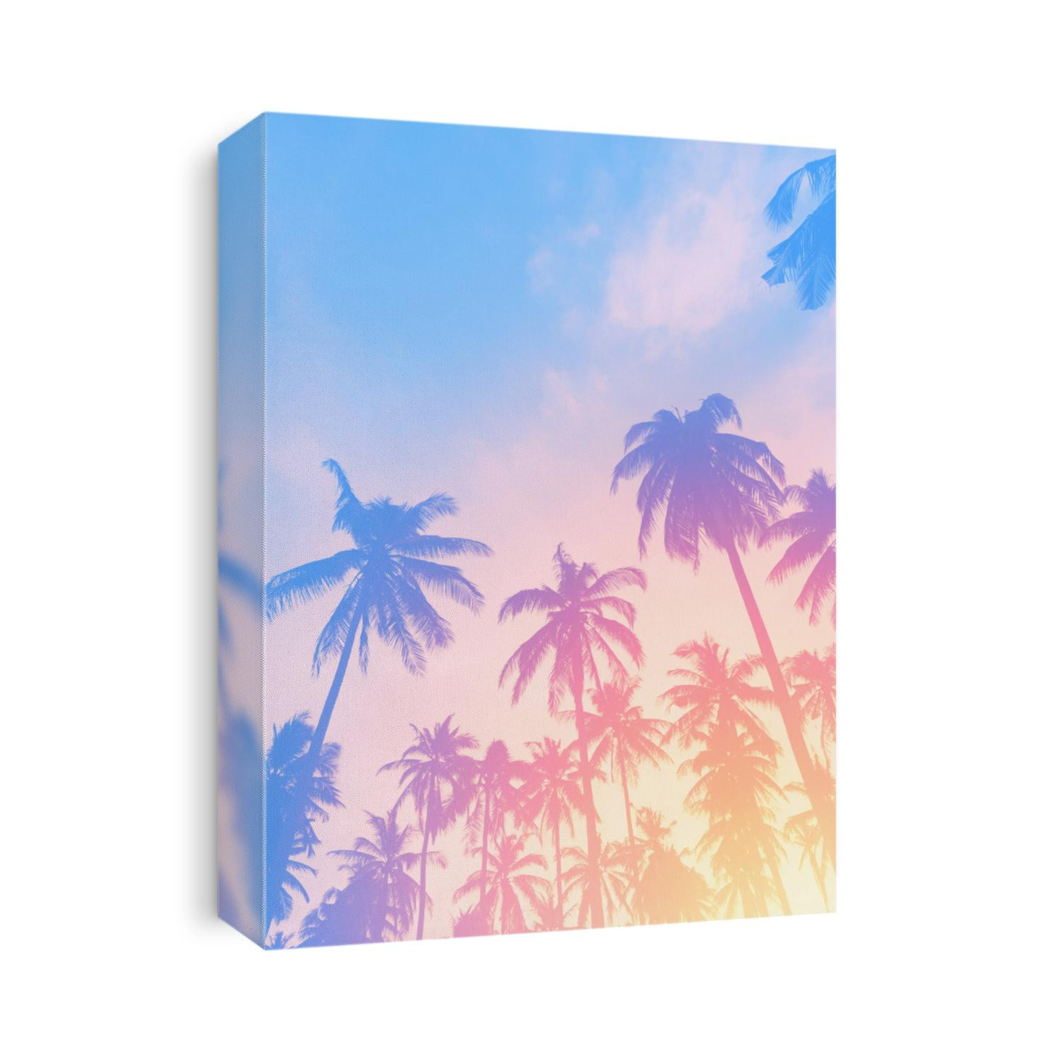 Copy space of silhouette tropical palm tree with sun light on sunset sky and cloud abstract background. Summer vacation and nature travel adventure concept. Pastel tone filter effect color style.