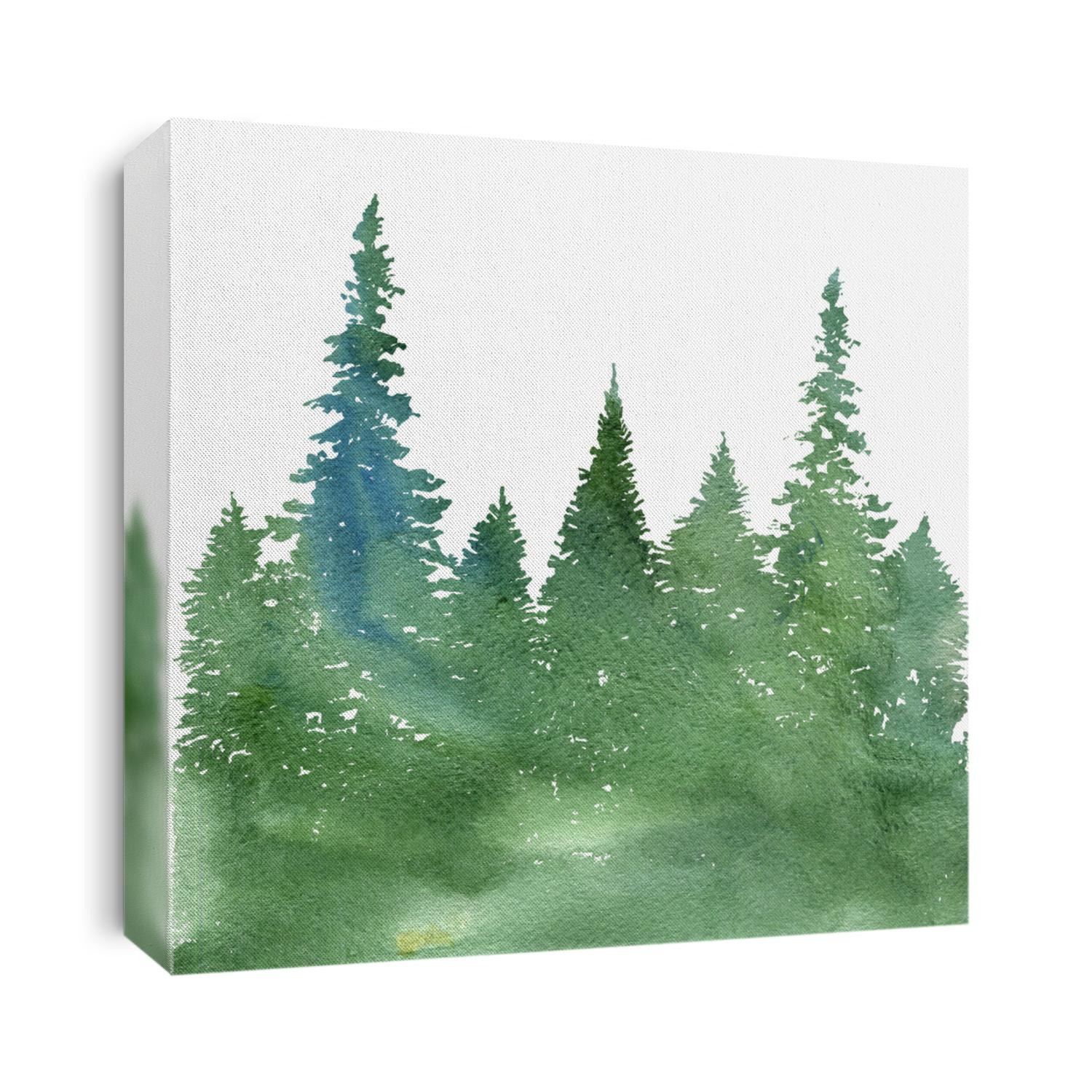 watercolor landscape with fir trees and grass, abstract nature background, coniferous forest template, hand drawn illustration