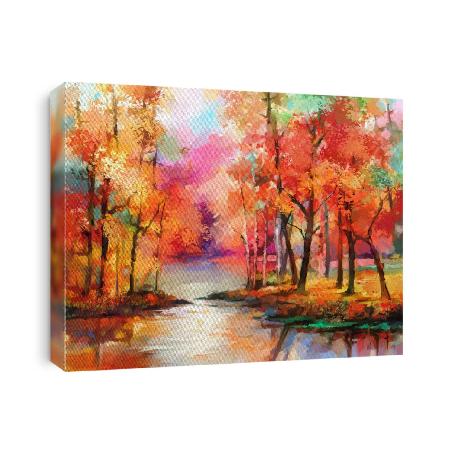 Oil painting colorful autumn trees. Semi abstract image of forest, aspen trees with yellow - red leaf and lake. Autumn, Fall season nature background. Hand Painted Impressionist, outdoor landscape