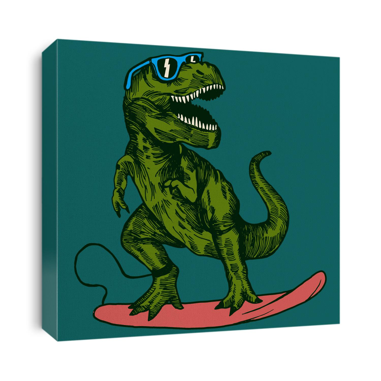 happy dinosaur surfer wearing sunglasses drawing.