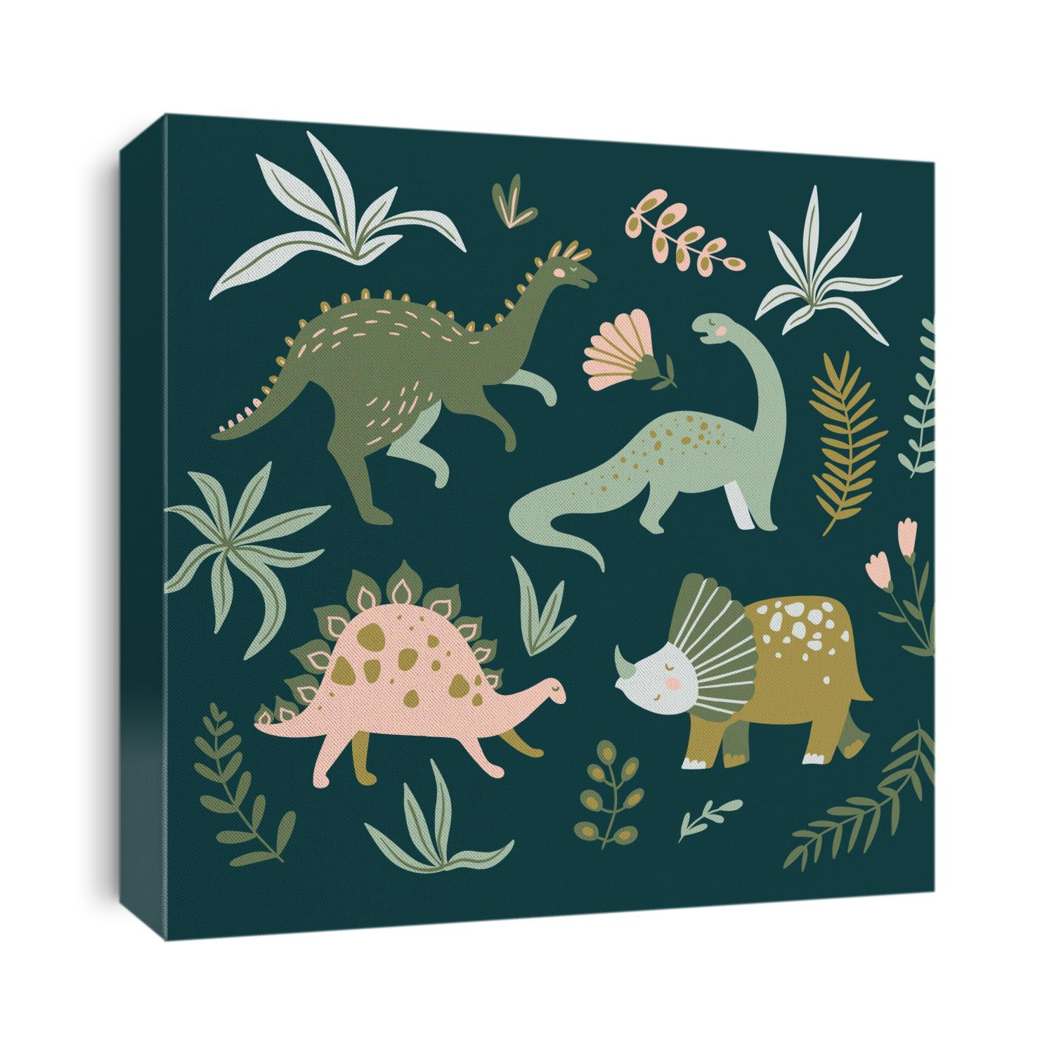 Hand drawn dinosaurs,  tropical leaves and flowers. Cute dino design elements. Vector illustration.