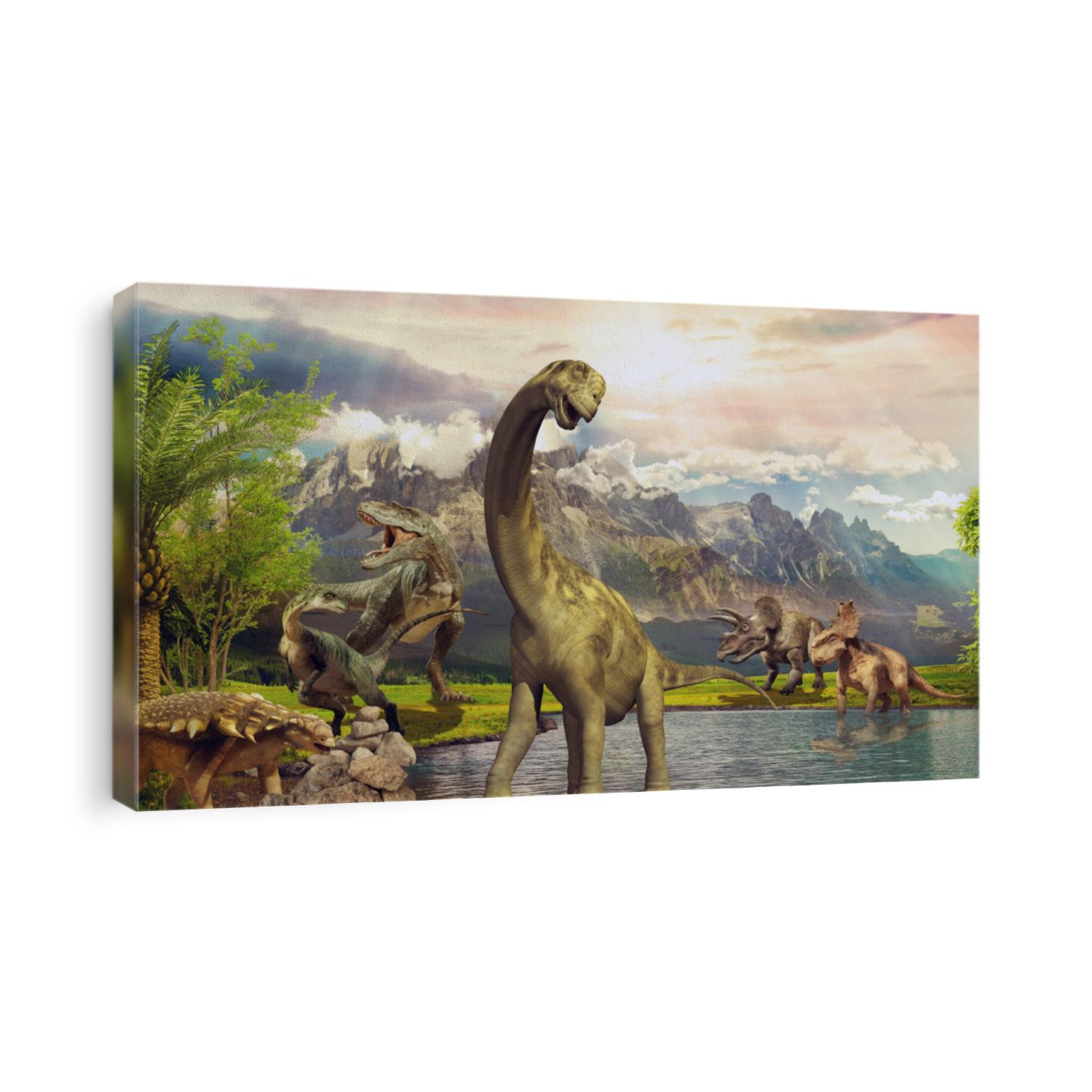 Dinosaurs in the park by the lake