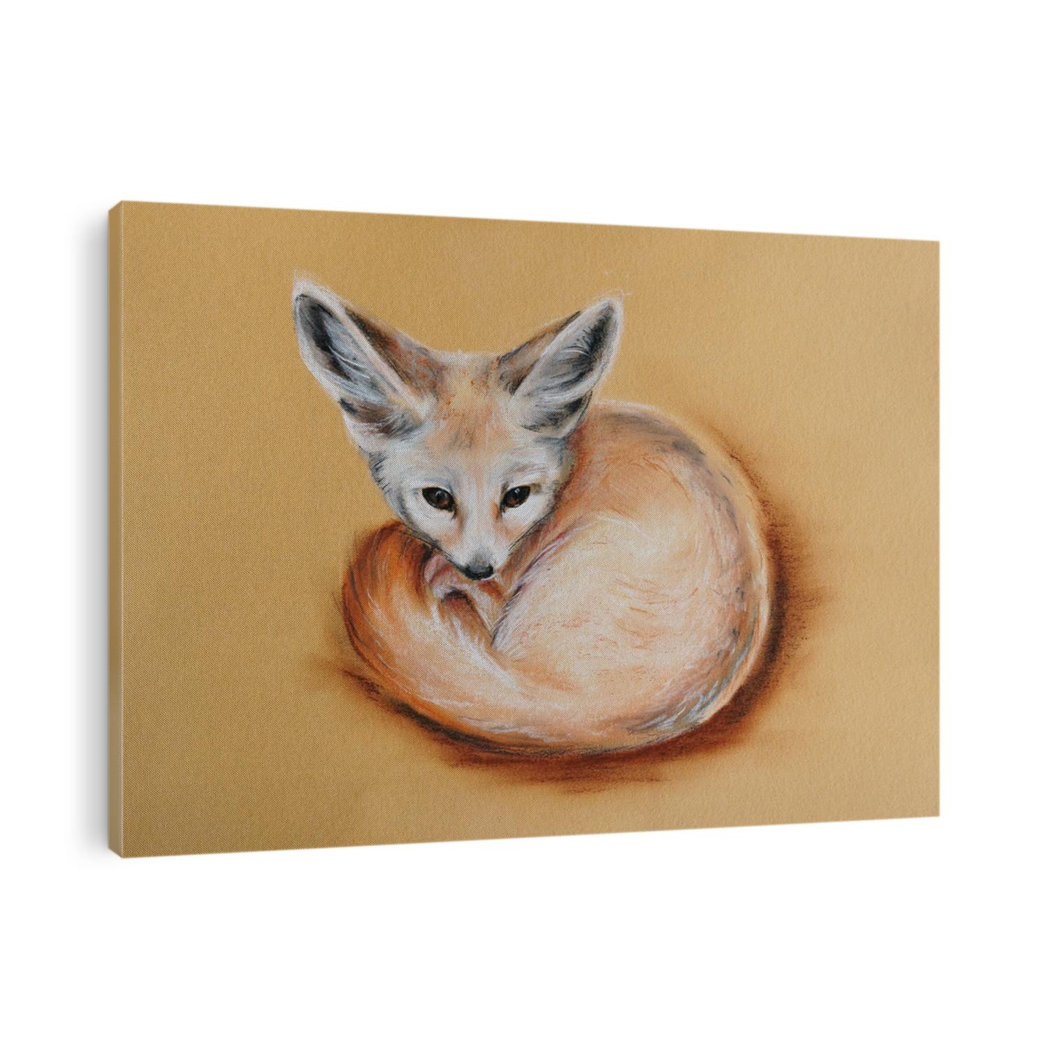 cute fennec fox - pastel drawn animal with detailed paper texture