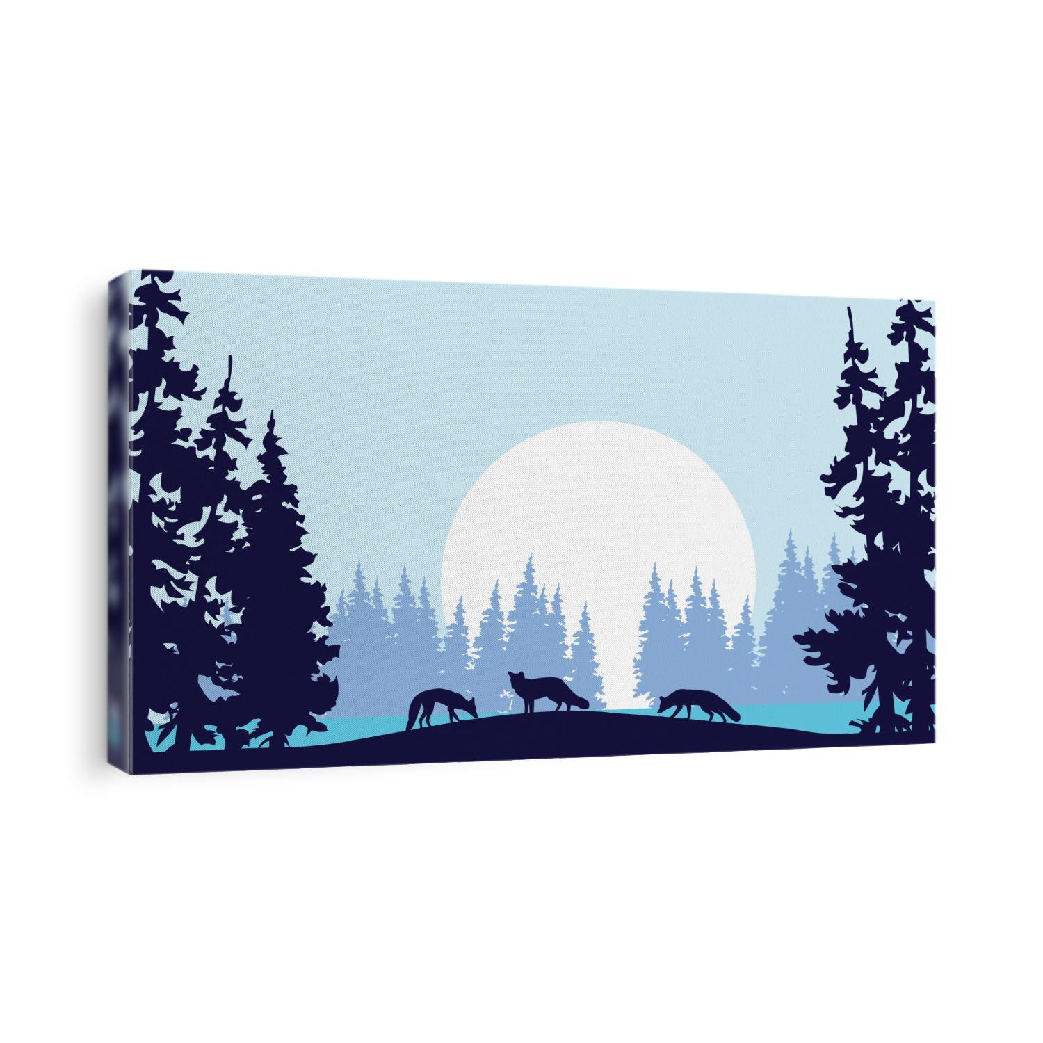 Silhouette of three fox and spruce in hill