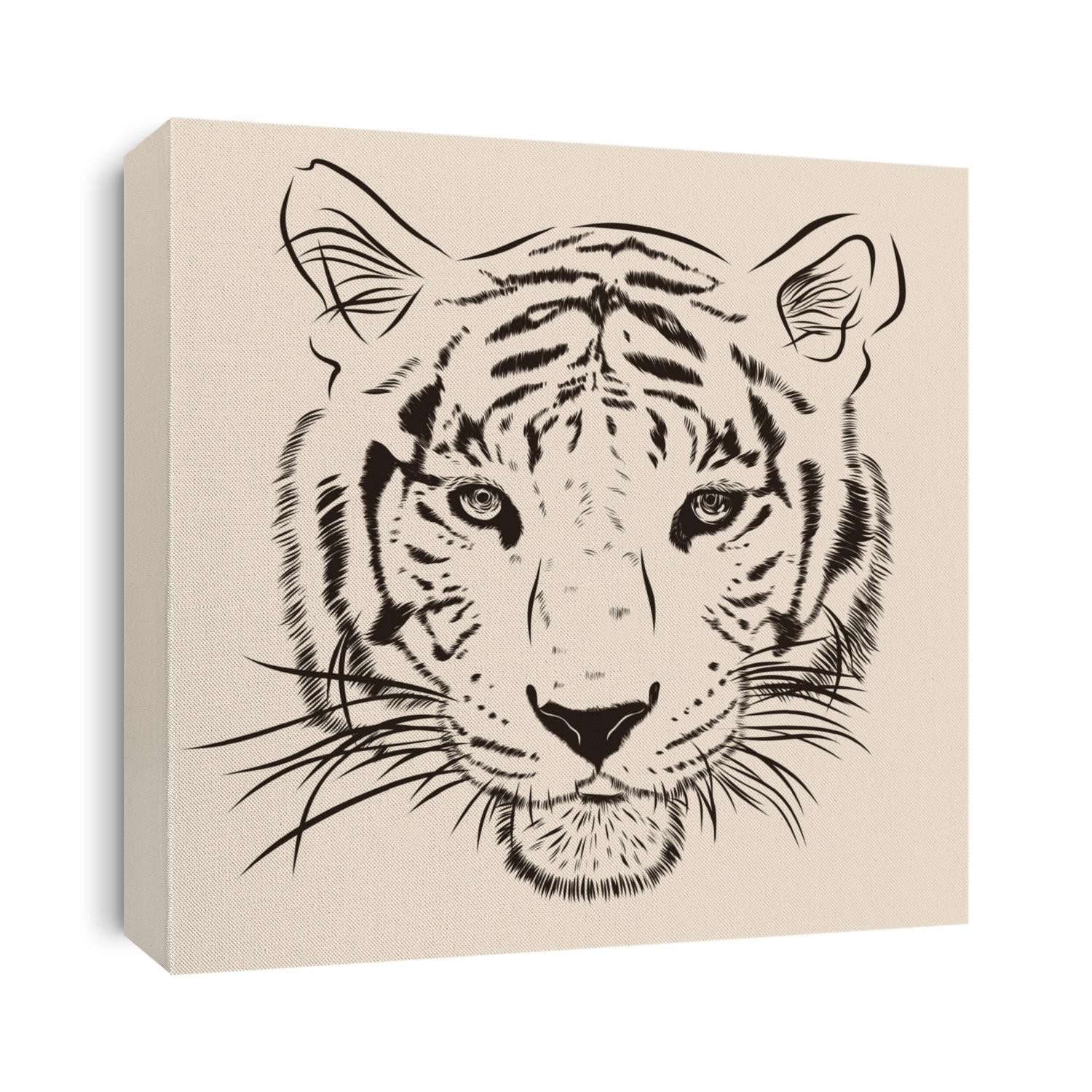 Original artwork tiger with dark stripes, isolated on beige background, and sepia color version, llustration.