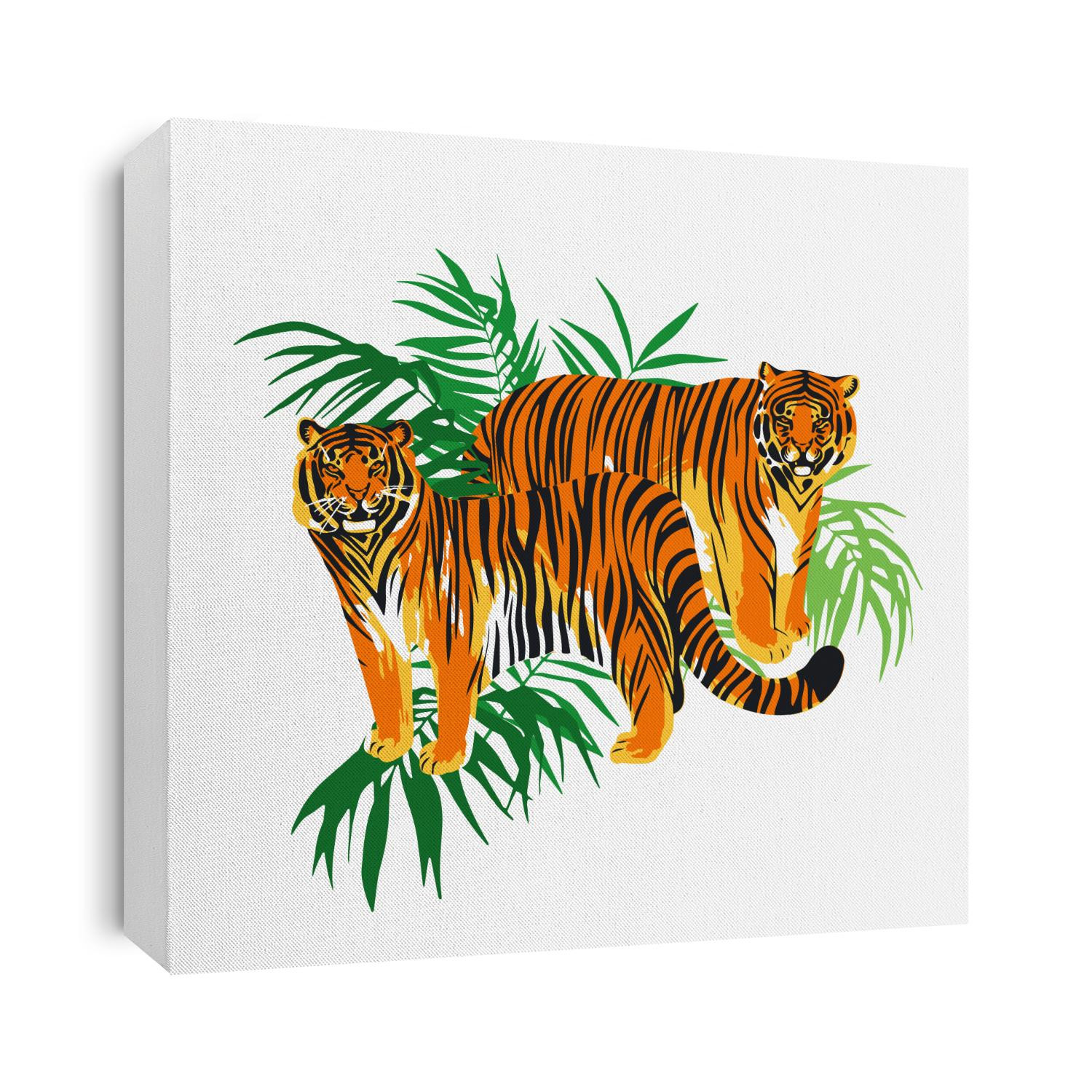 Two graphic tigers standing among the exotic leaves. Vector illustration isolated on white background