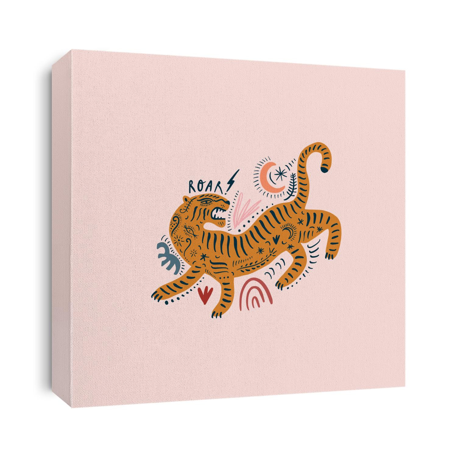 Vector card with cute ornate boho asian style tiger. Beautiful animal print design. Fashionable stylish poster or postcard