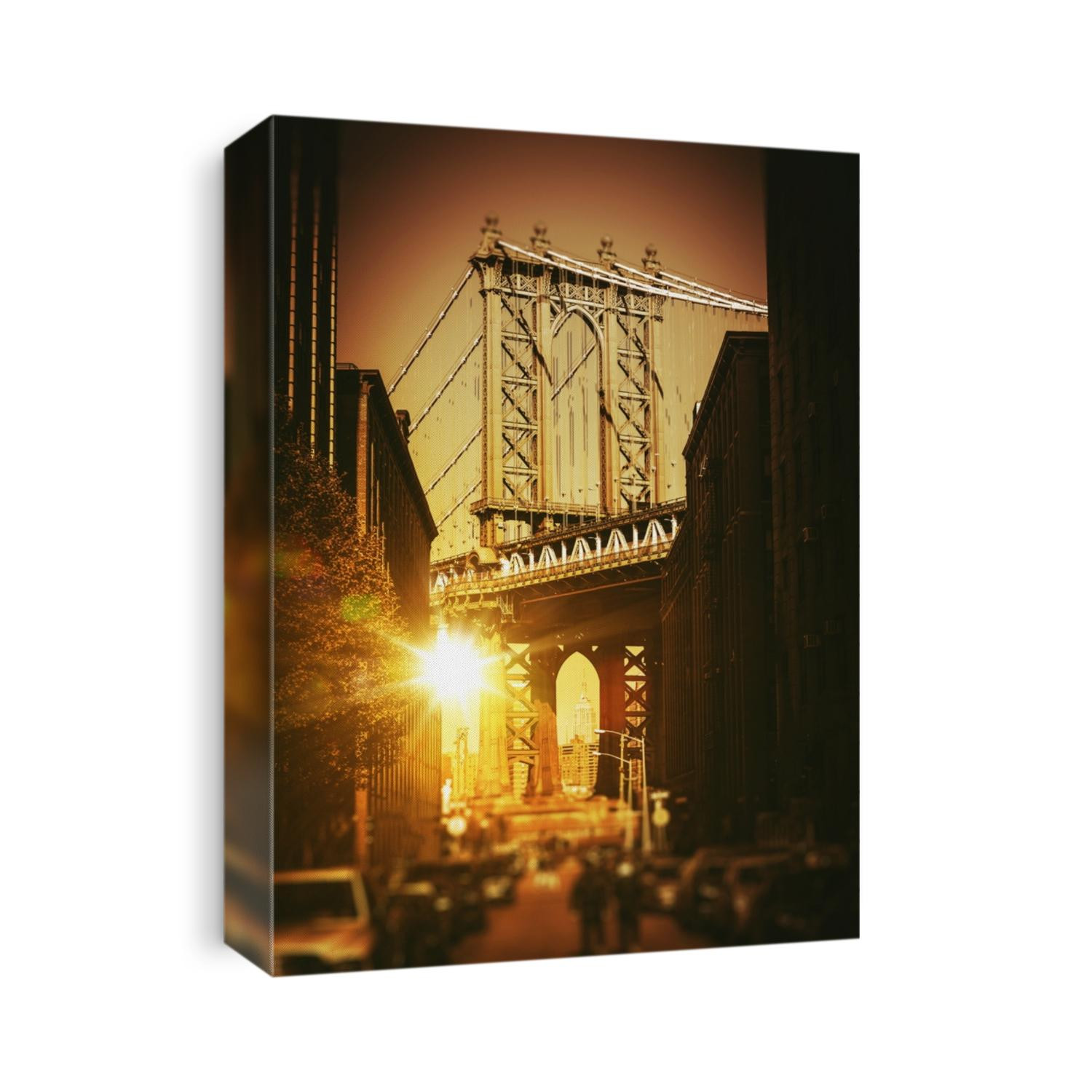 New York Williamsburg Bridge at Sunset and Empire State Building Between Bridge Pylons. New York, United States.