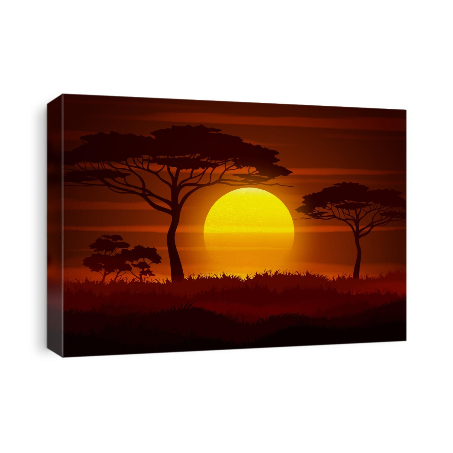 Sunset in Africa, savanna landscape vector illustration.