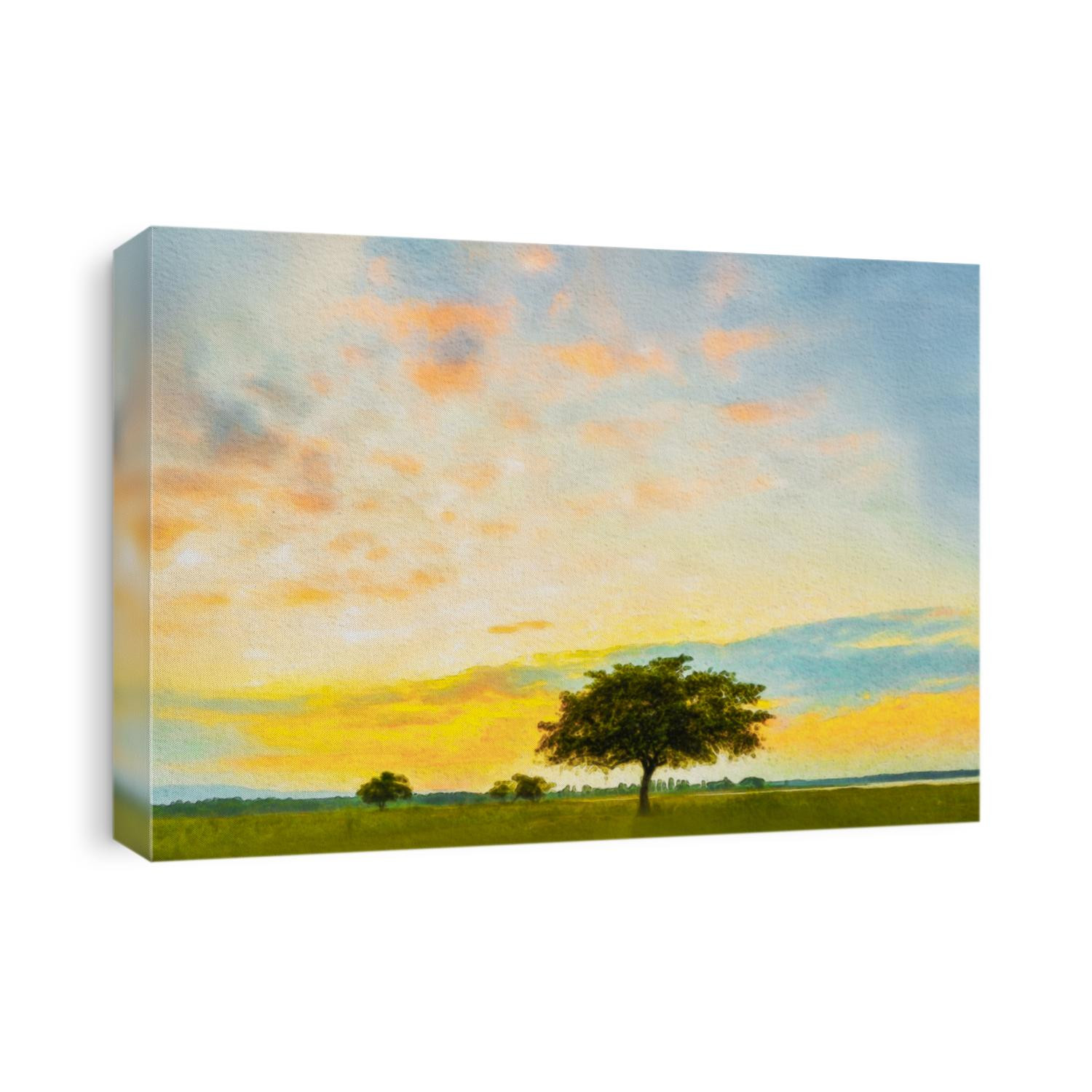 Watercolor painting, Alone tree on meadow with sunset. Beautiful sunset through with tree, magical sunset with tree.