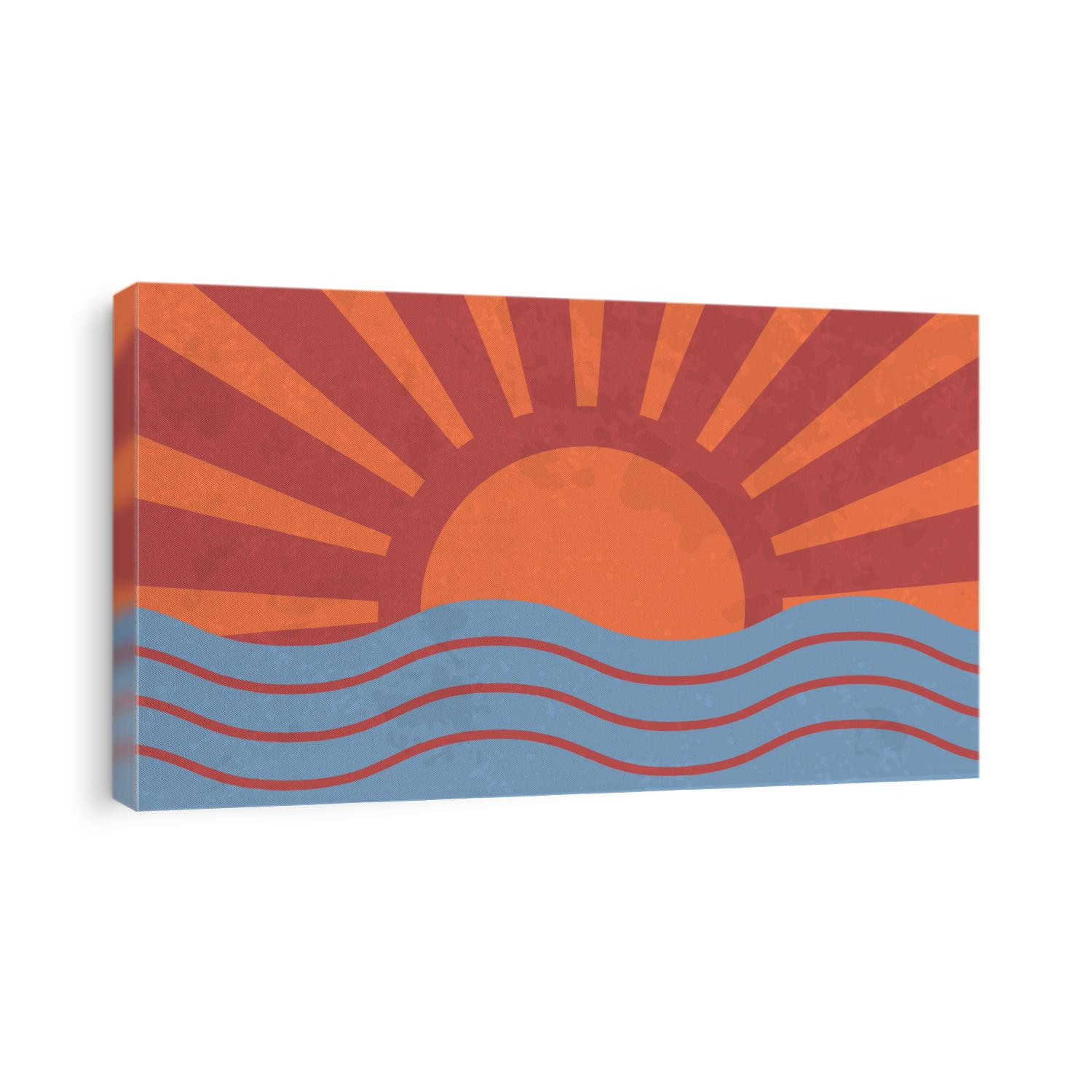 Vintage background with sea and sun. Summer retro poster. Sunset or sunrise.