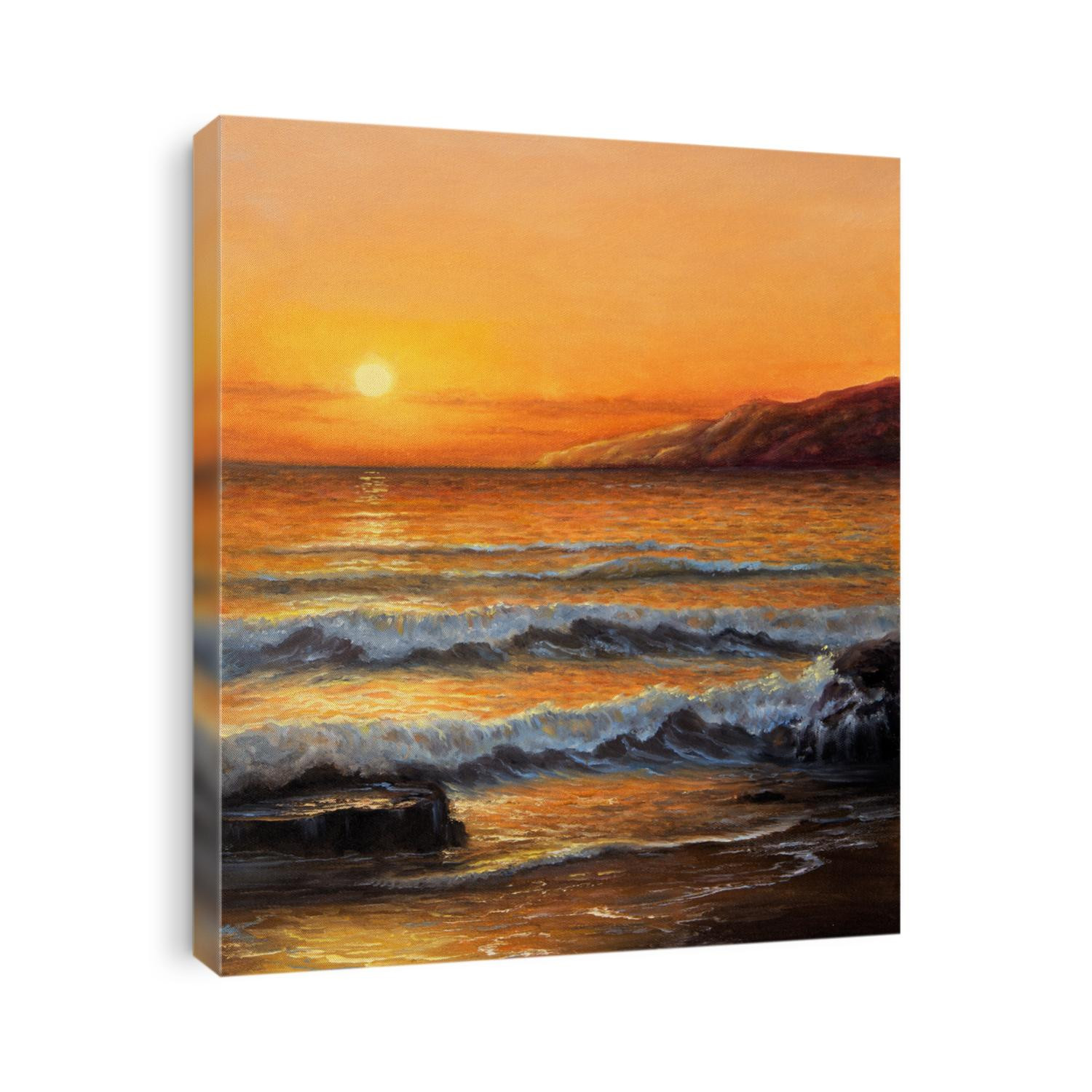 Original oil painting of beautiful golden sunset over ocean beach on canvas.Modern Impressionism, modernism,marinism