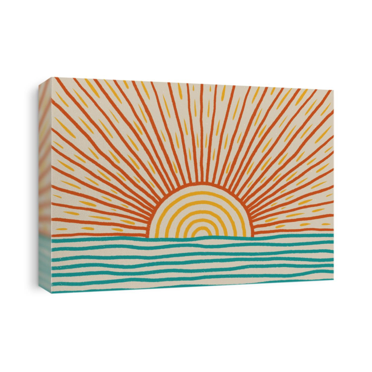 Mid century modern art with sun and sea. Abstract landscape with sunrise or sunset. Hand drawn illustration in Procreate.