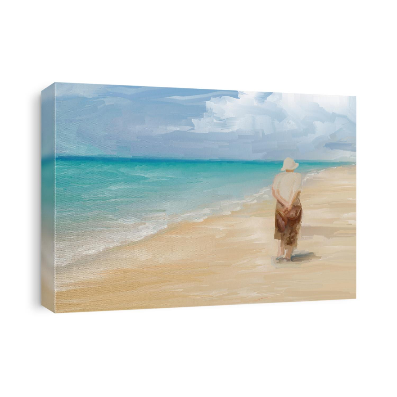 Painting of a woman wandering along a tropical beach