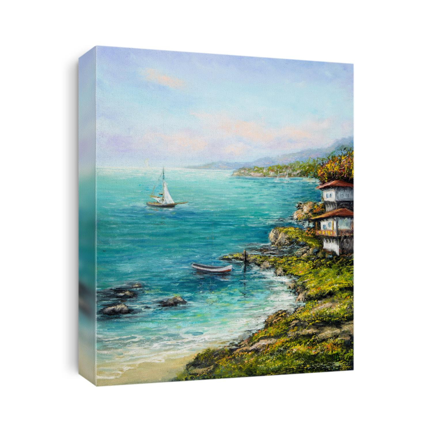 Original oil painting showing house or villa on ocean shore with boats on canvas.Modern Impressionism