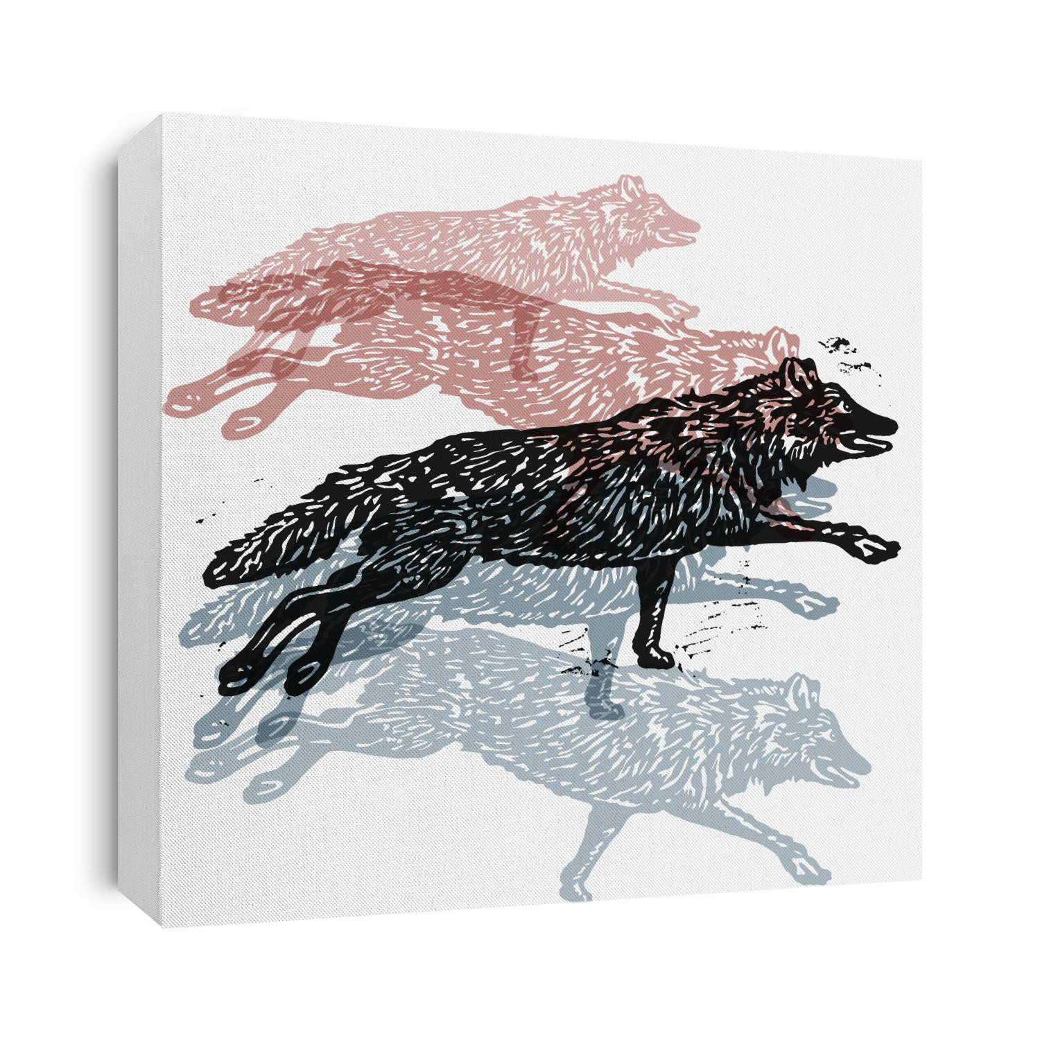 Vector wolves in abstract composition. Lino cut wolves in different colors on white background
