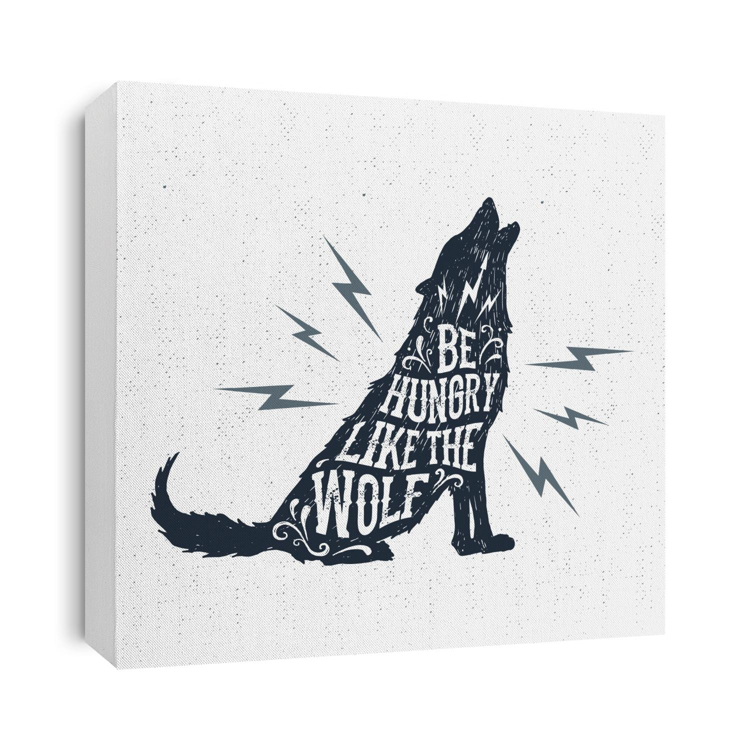 Hand drawn Halloween label with textured wolf vector illustration and "Be hungry like a wolf" inspirational lettering.