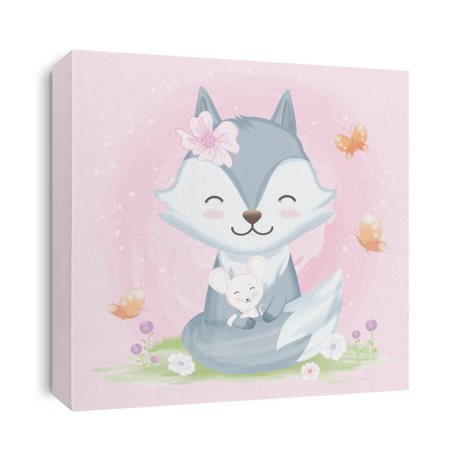 Cute wolf hugging mouse hand drawn animal illustration watercolor on purple background
