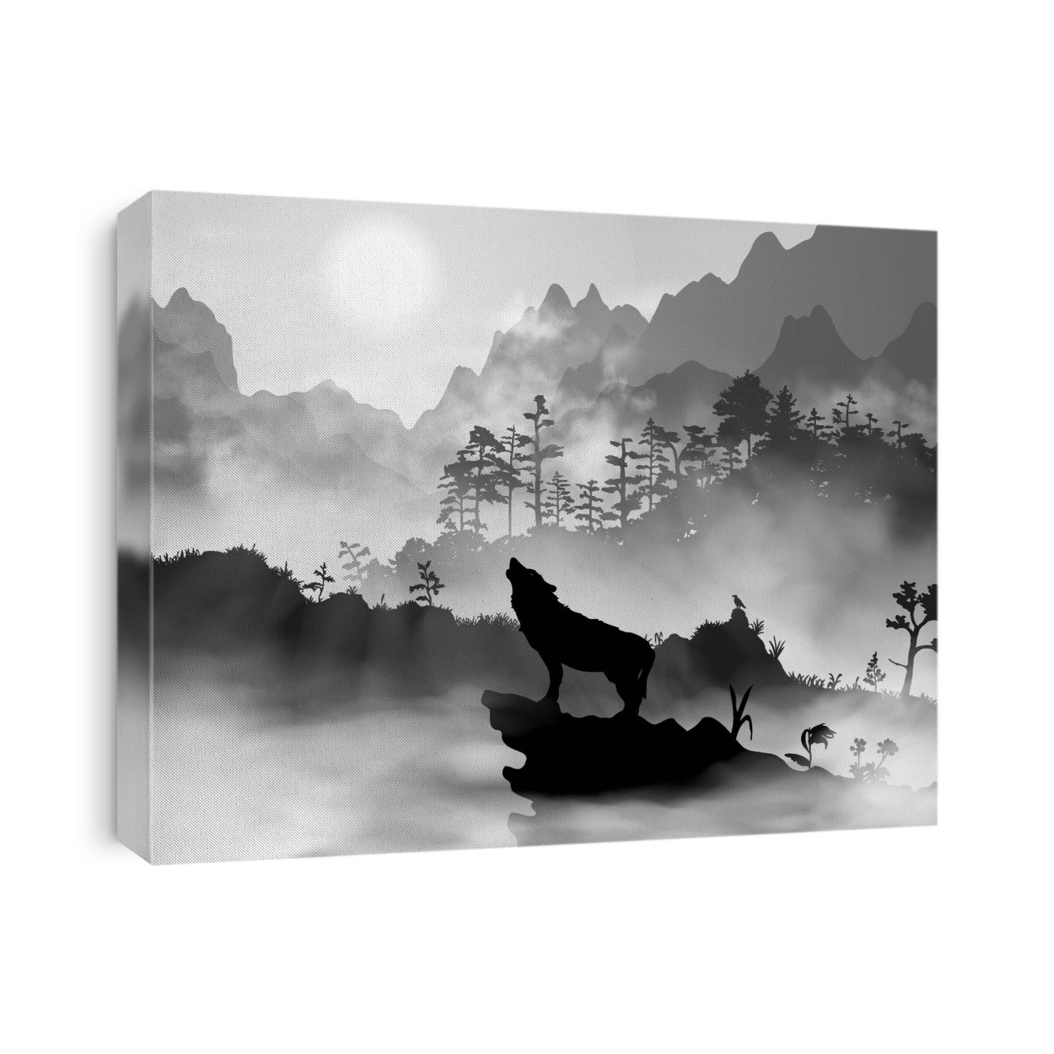 Silhouette of the wolf howling at the moon at night (or morning) in front of the mountains inside the mist clouds. Hight detailed realistic black and white vector illustration.
