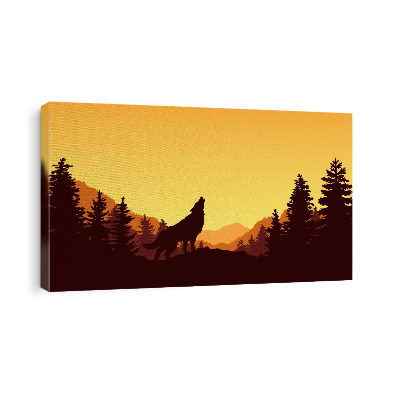 Vector illustration of a howling wolf standing on the hill with a panoramic view of mountains, forest and beautiful sunset.