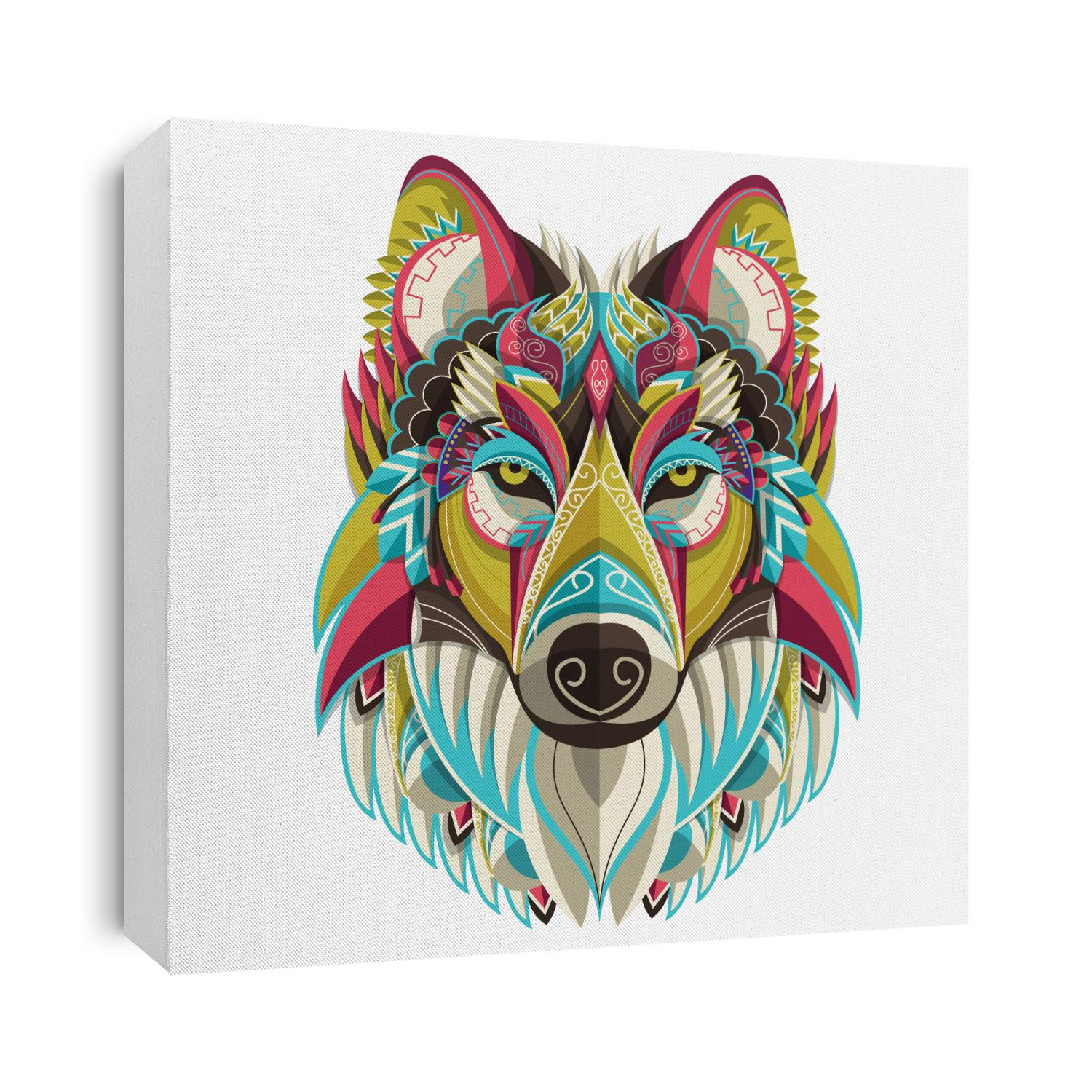 Wolf icon.  Stylized colorful wolf portrait on white background