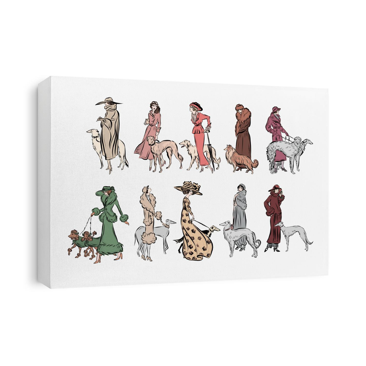 Vintage woman with dog. People dressed in old-fashionable style. Retro people with domestic pets on walk. Girl with animal. CLip art vector. 