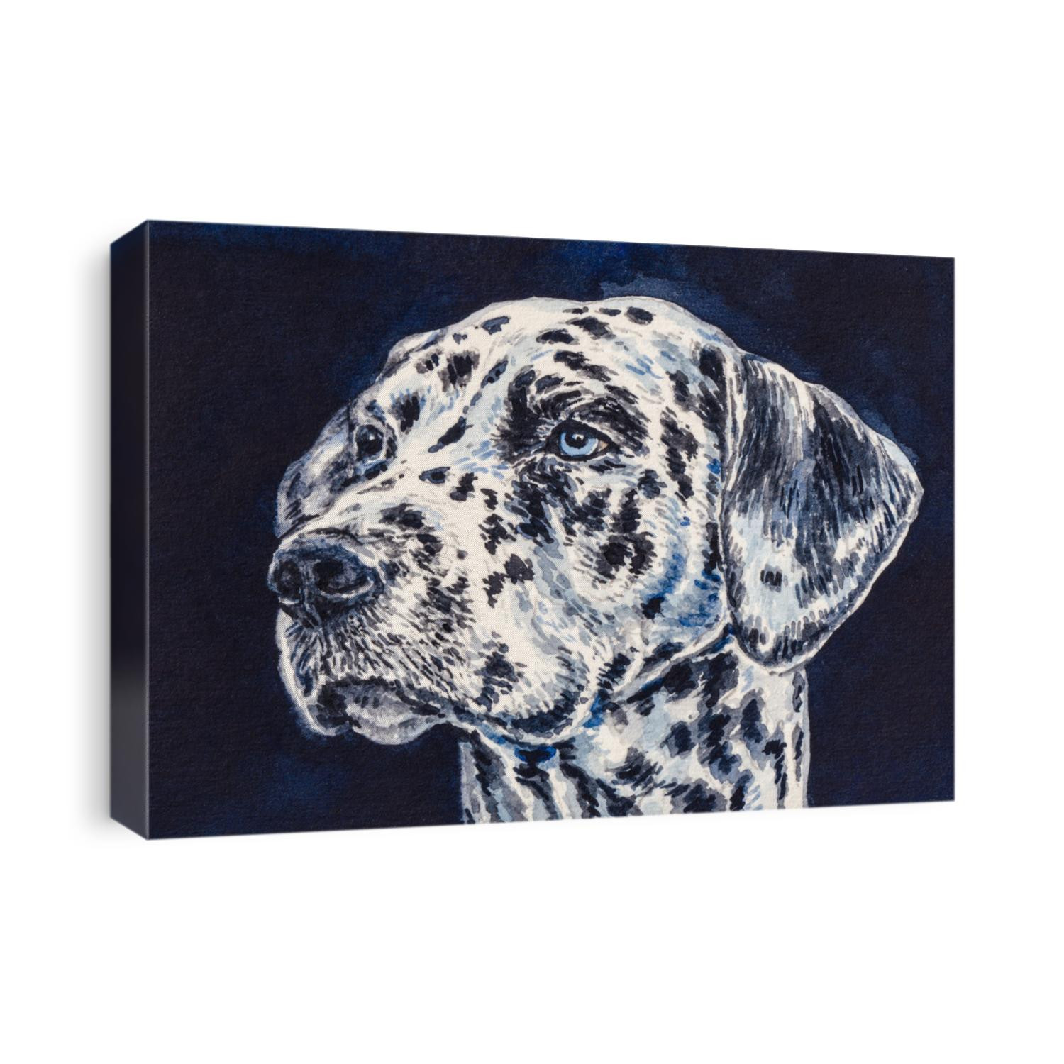 Dalmatian dog breed. Cute spotted puppy on black background. Home pet. Watercolor painting. Acrylic drawing art.