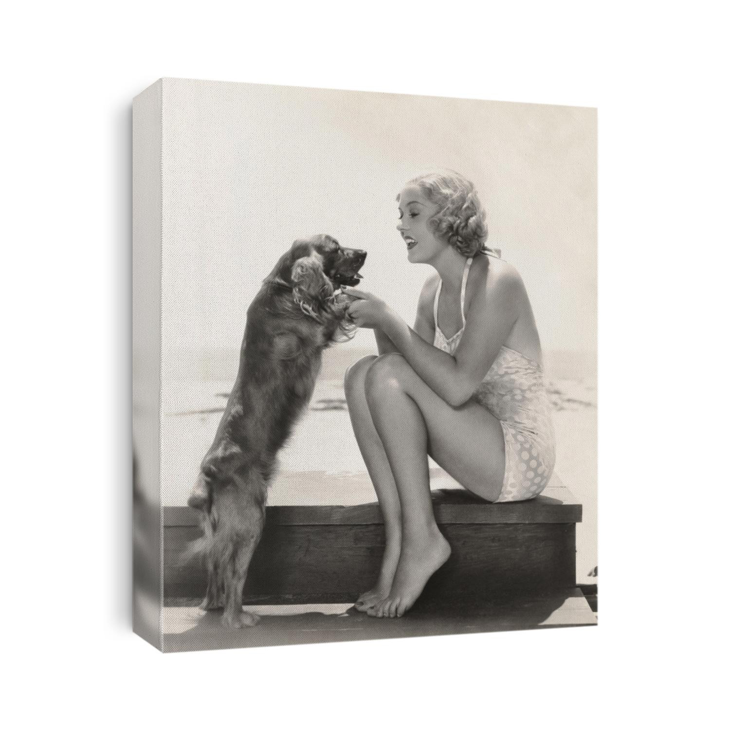 Young woman playing with Cocker Spaniel at beach