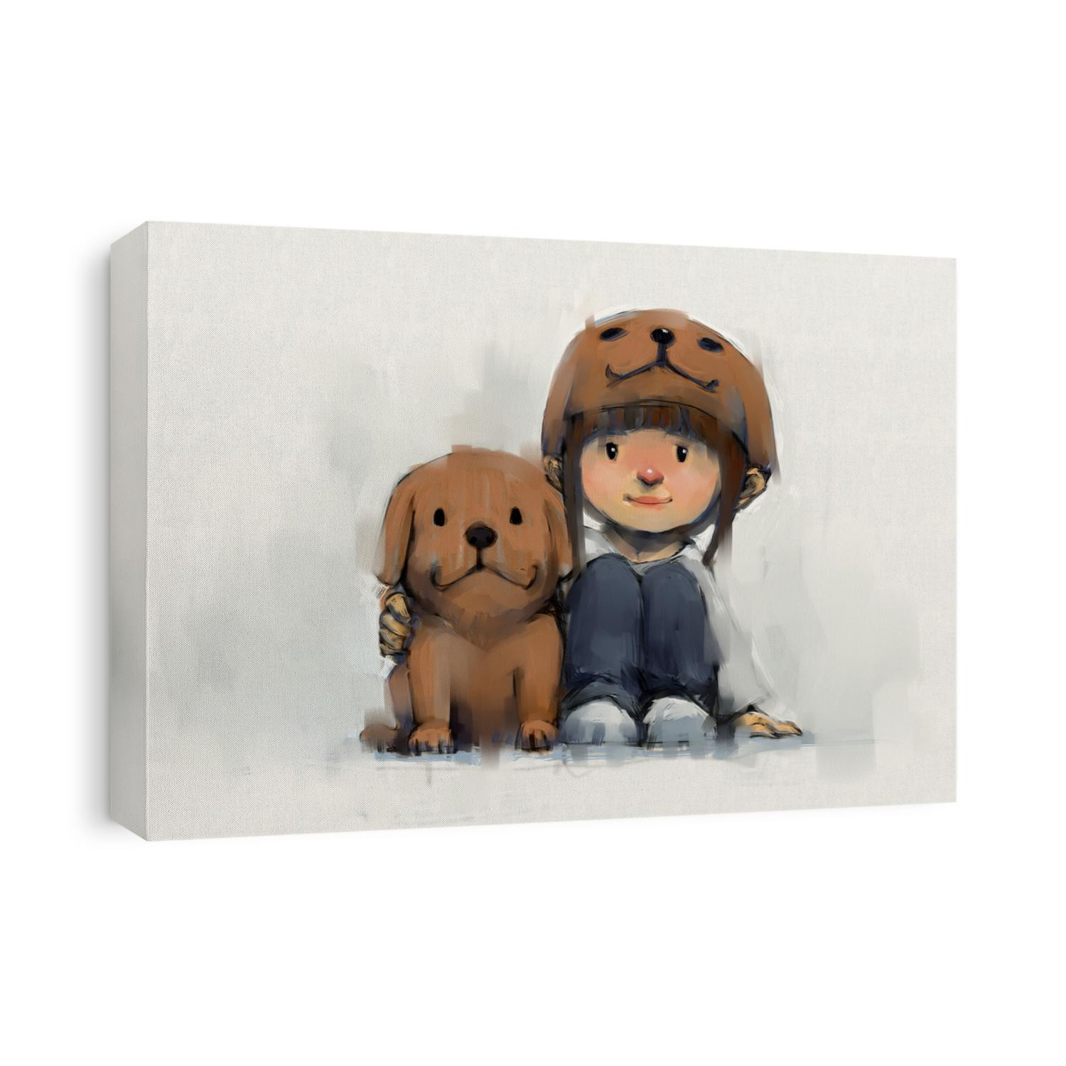 digital painting set of girl in puppy hat with her dog, acrylic on canvas texture, story telling illustration