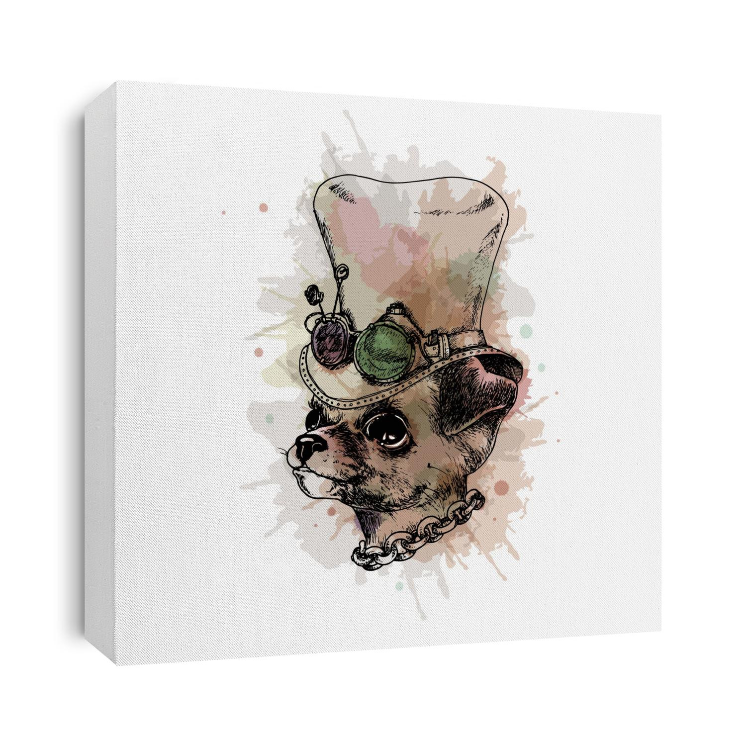 Funny chihuahua dog with hat in steampunk  vintage style. Vector illustration
