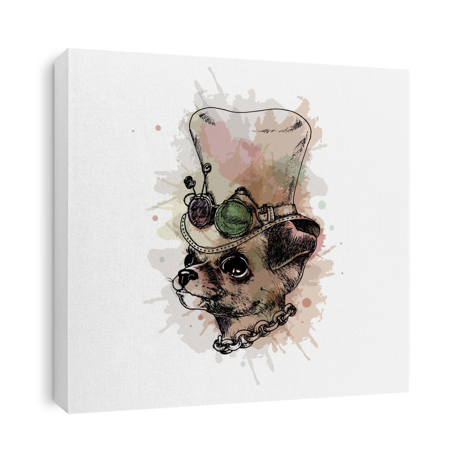 Funny chihuahua dog with hat in steampunk  vintage style. Vector illustration