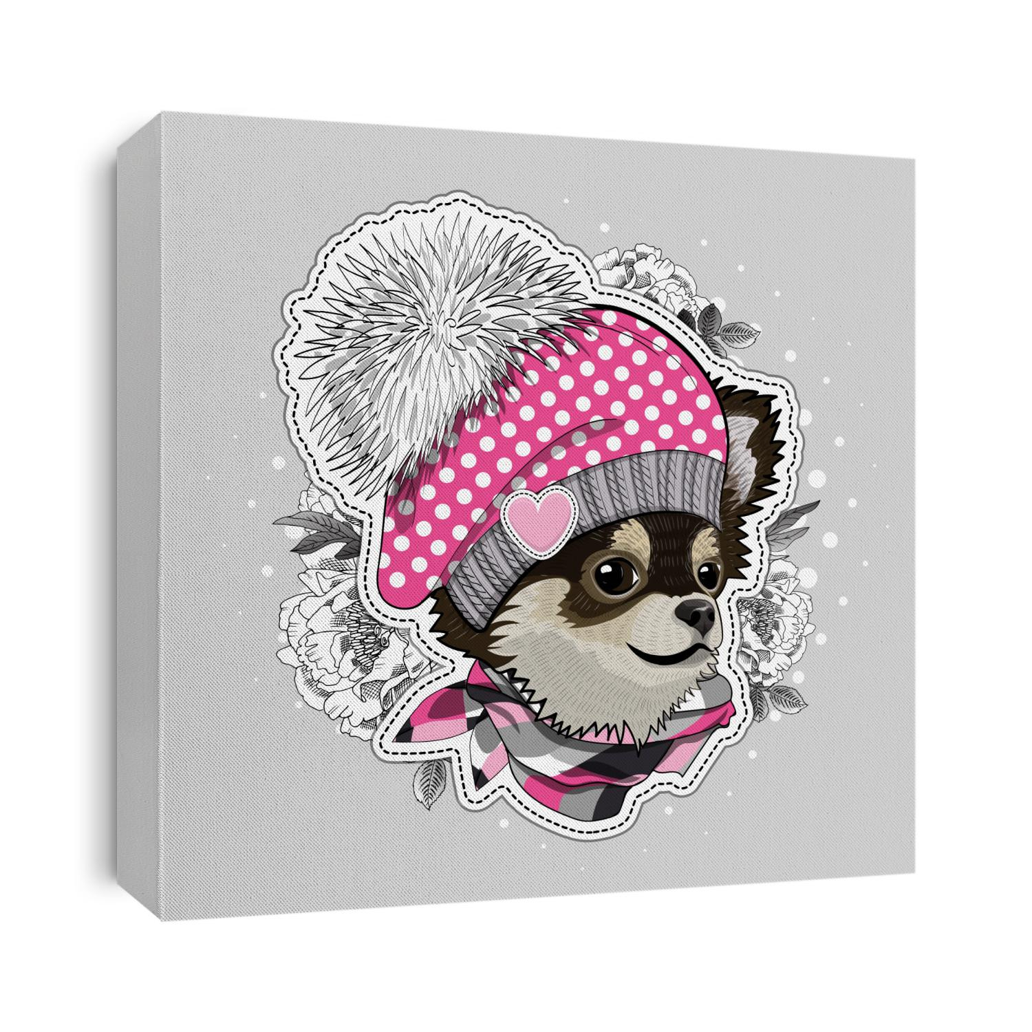 Vector dog with hat, scarf  and flowers. Illustration of dressed chihuahua. Print on T-shirts, bags and other fashion products. Design children's clothing and accessories. 