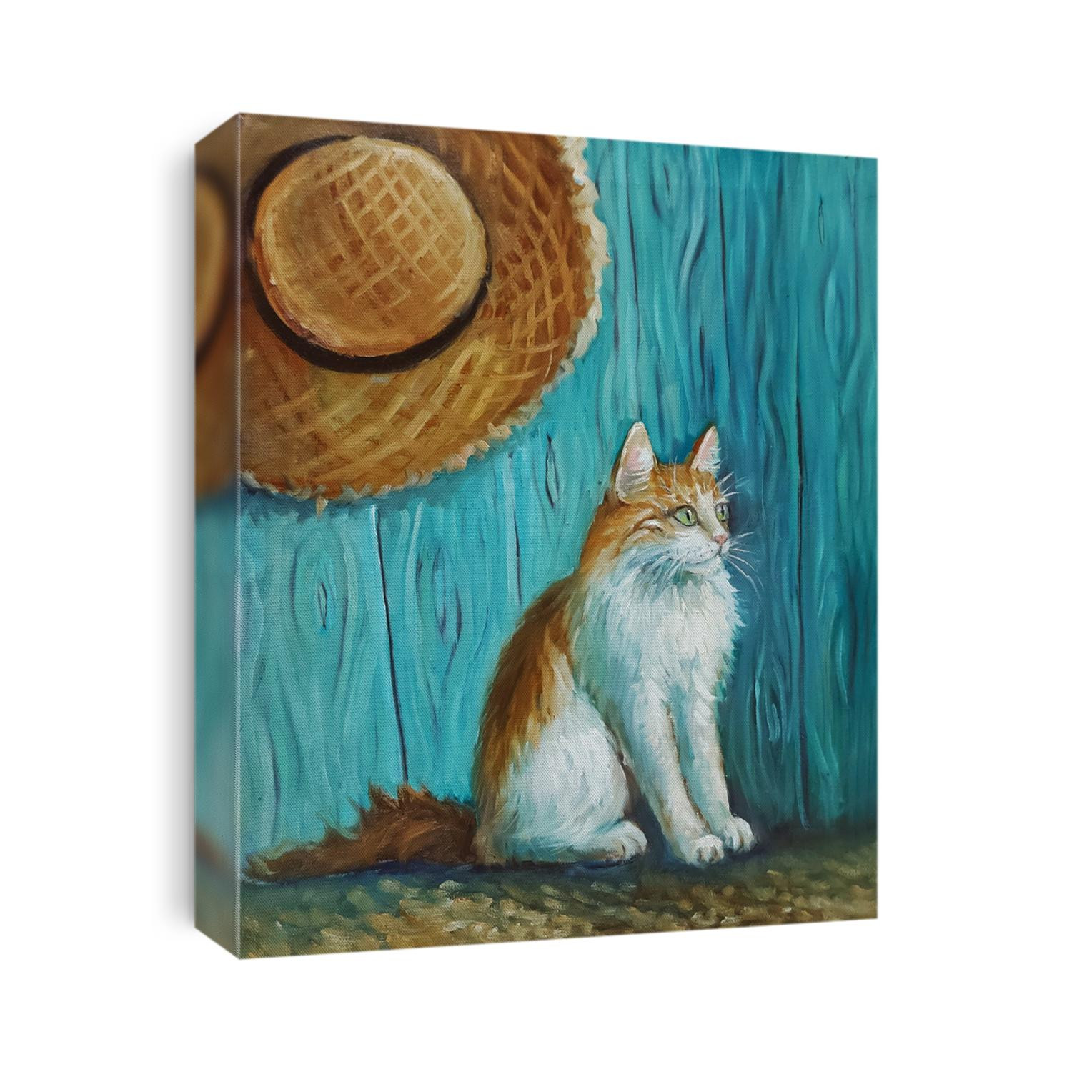 Oil painting Cute fluffy Cat in the garden waitig for travel. Red and white kitten. Straw hat on a turquoise wooden fence background. Hand drawn original oil picture.