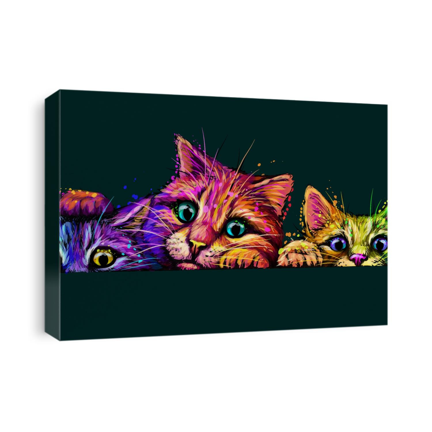 Cats. Wall sticker. Abstract, multicolored, neon portrait of three curious cats in the style of pop art on a dark green background. Digital vector graphics. The background is a separate layer.