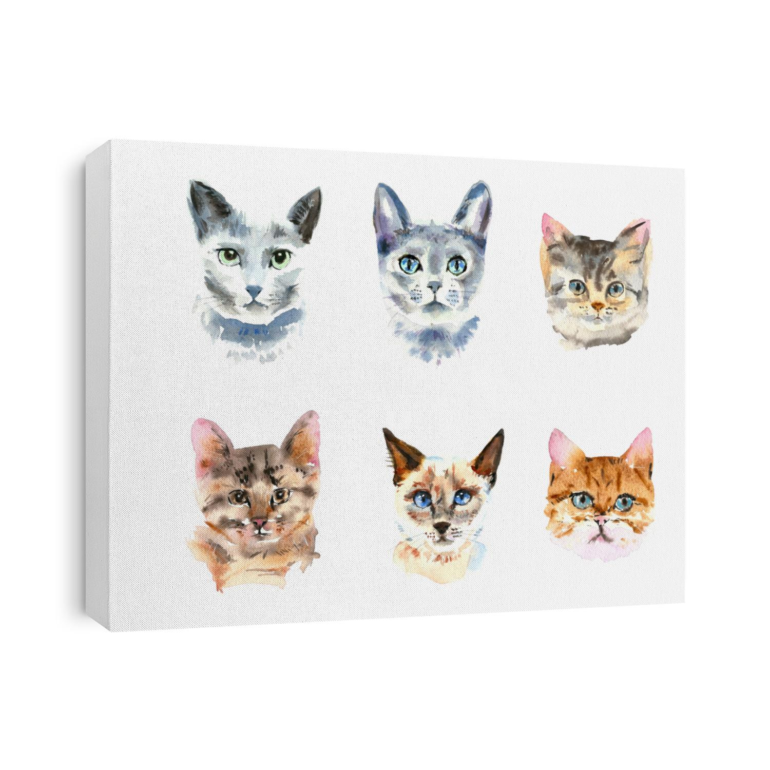 Set of six different watercolor cats. Watercolor animal painting. Kids background. Hand drawn illustration. Painted backdrop. Cloth pattern. Cat, kitten, head.