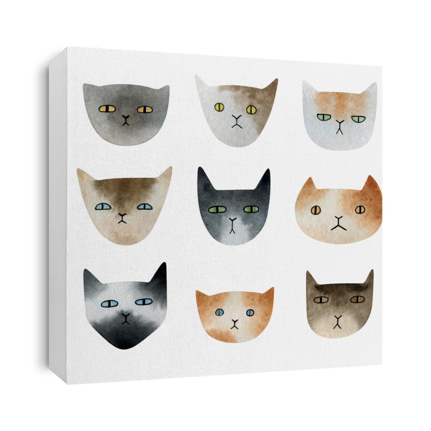 Watercolor hand-drawn set with different cats. Cat head in cartoon style for cards, covers, poster, children decor and scrapbooking. Funny kitten.
