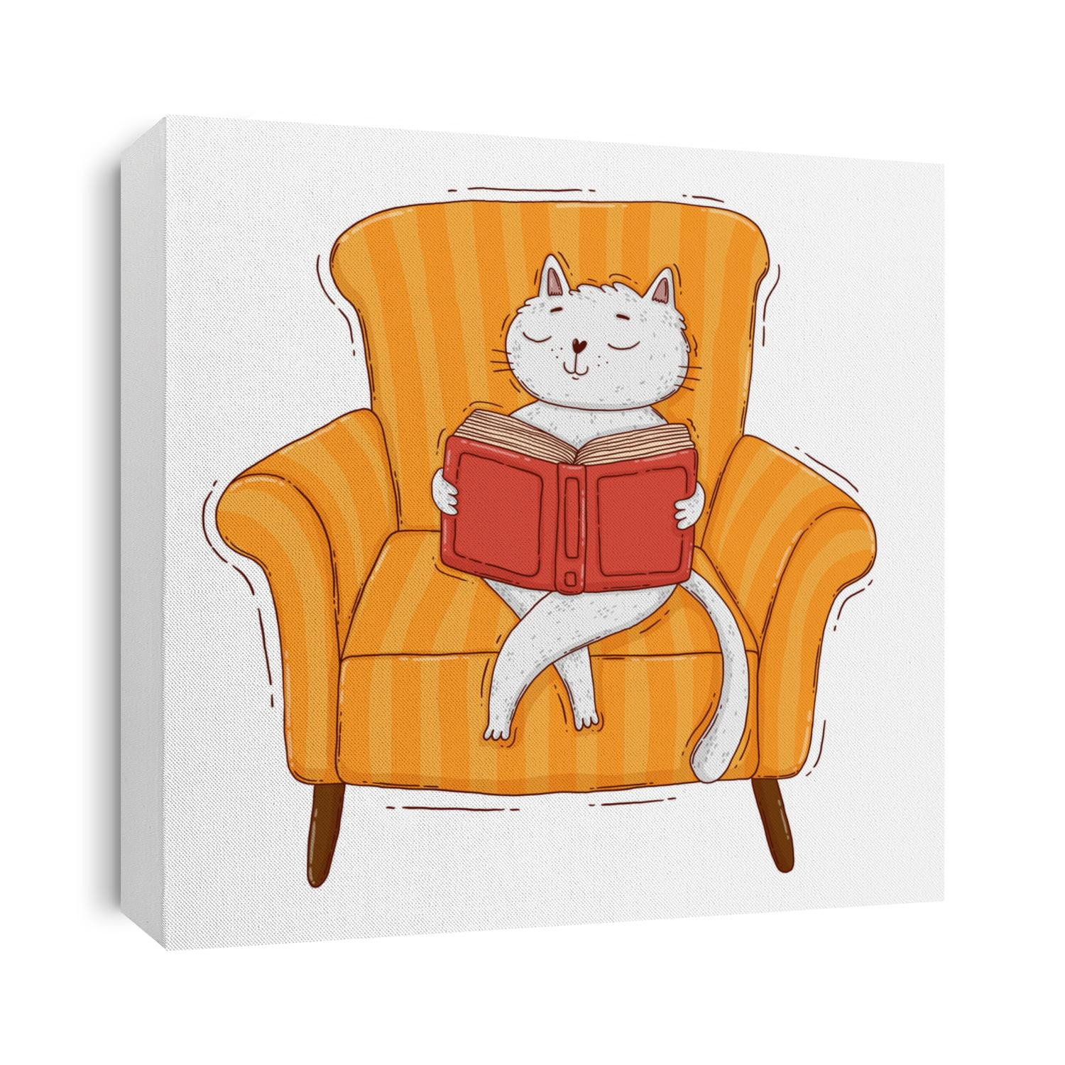 Cat in the armchair - Digital hand drawn textured illustration of a cute white cat siting in a yellow armchair and reading a red book.