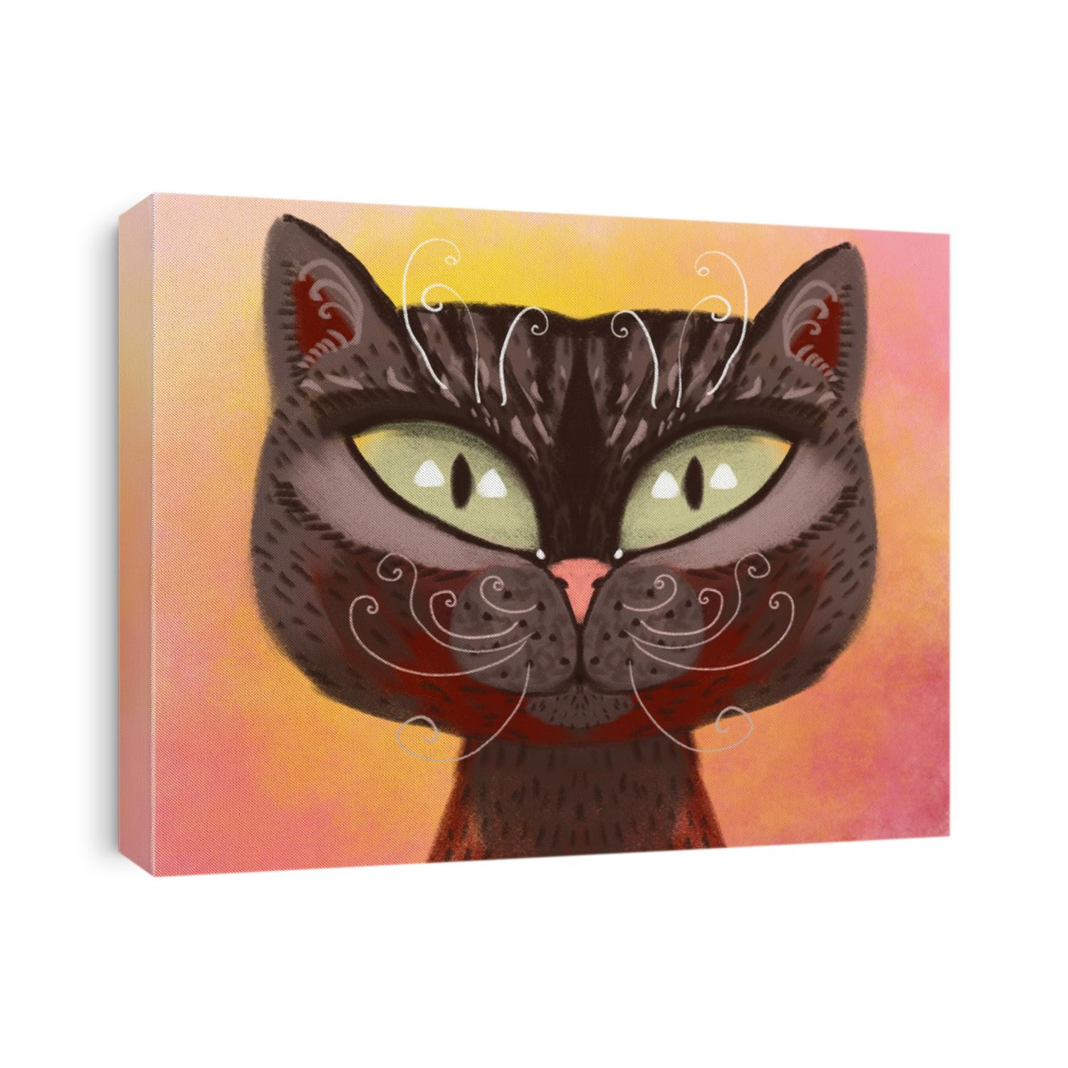 color multicolor bright cartoon stylized art portrait of a cat looking straight. Dark cat with green eyes