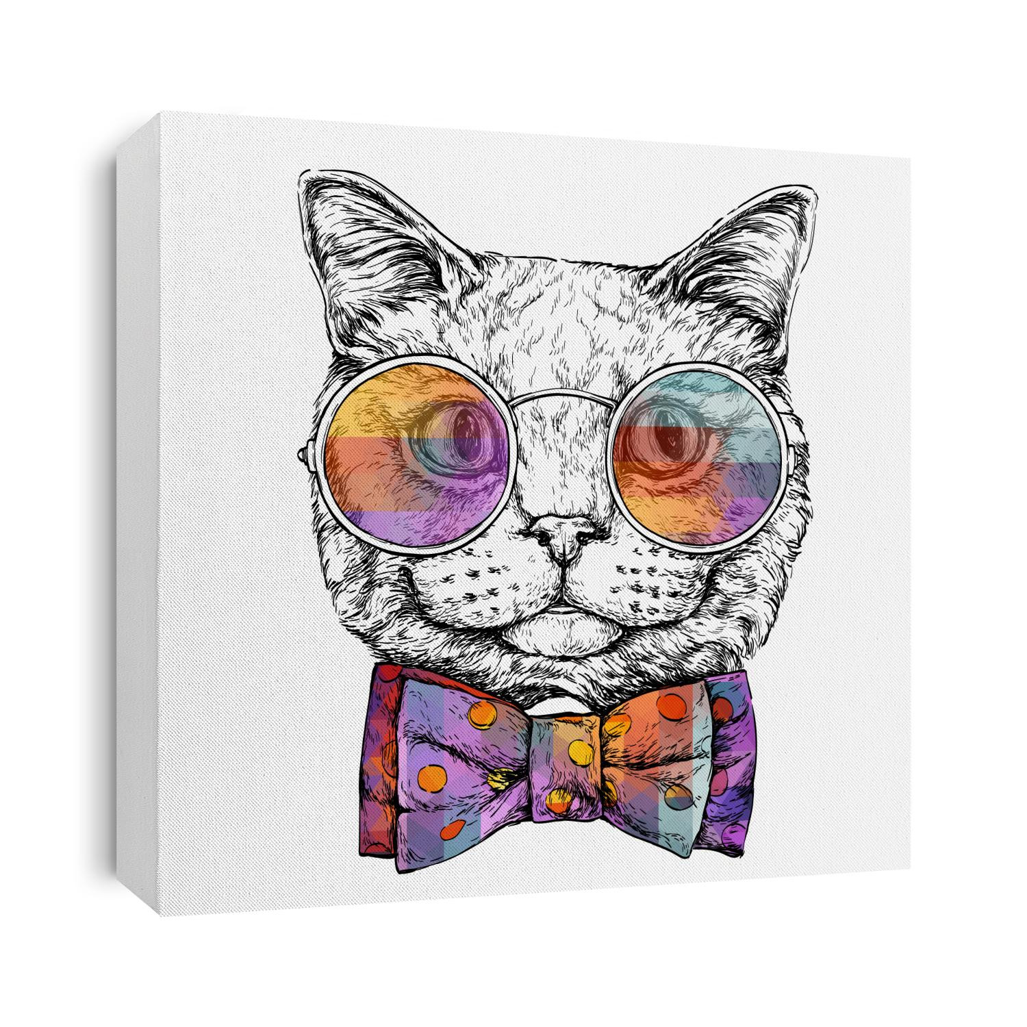 Hand drawn portrait of Cat in glasses with bow tie. Vector illustration isolated on white