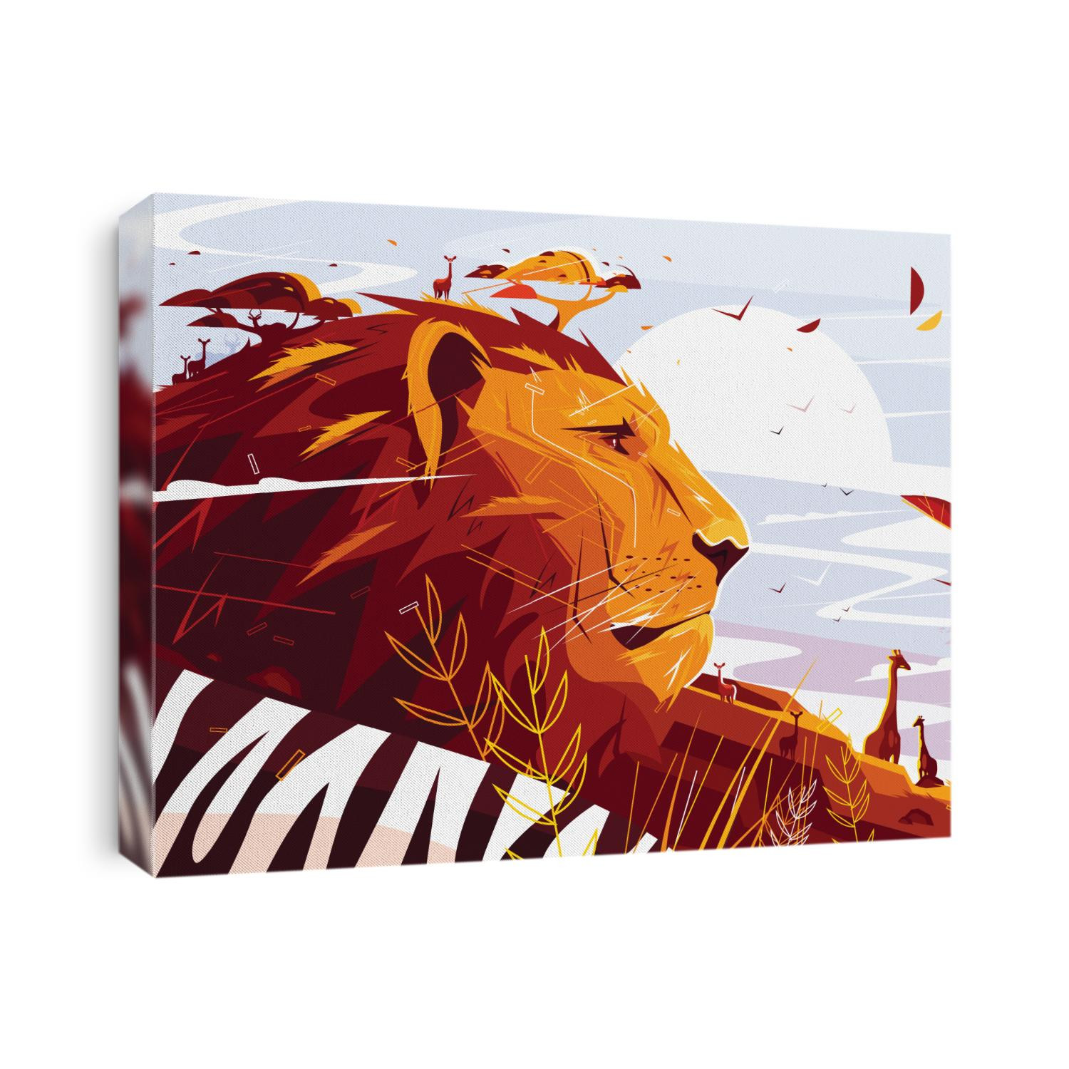 Majestic lion on safari vector illustration. King of beasts lying and giraffes walking flat style concept. Wild picturesque savannah landscape on background